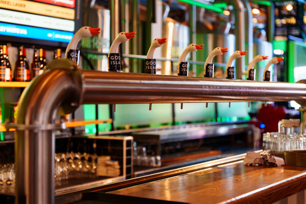 Row of beer taps along the bar