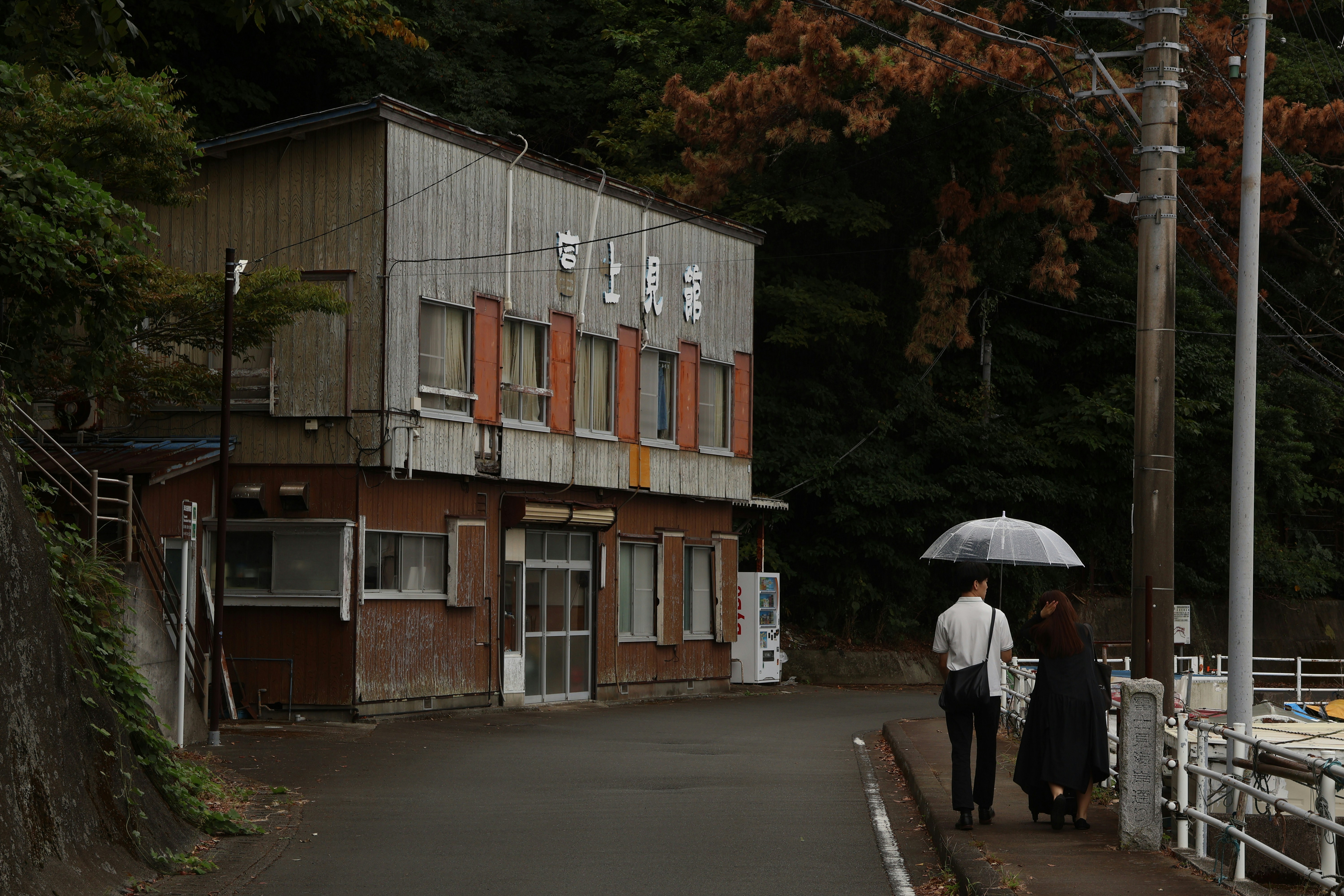 Two people walk under an umbrella beside a building.