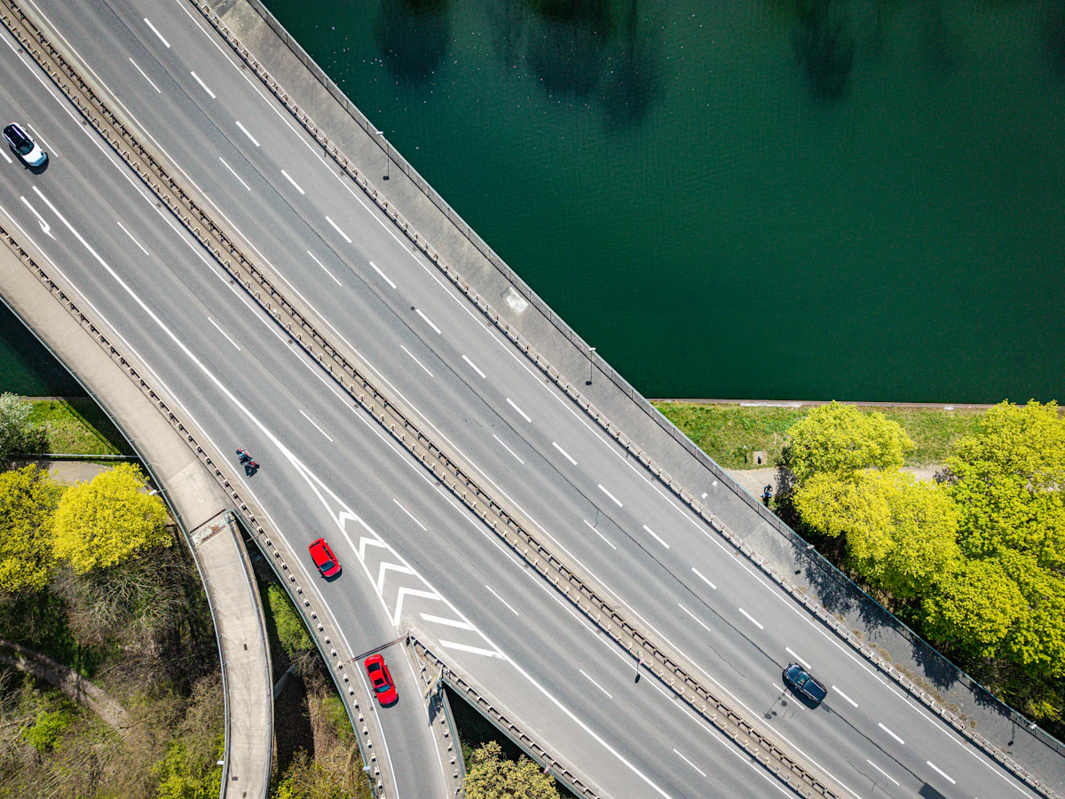 Aerial view of highway infrastructure and bridge corridor