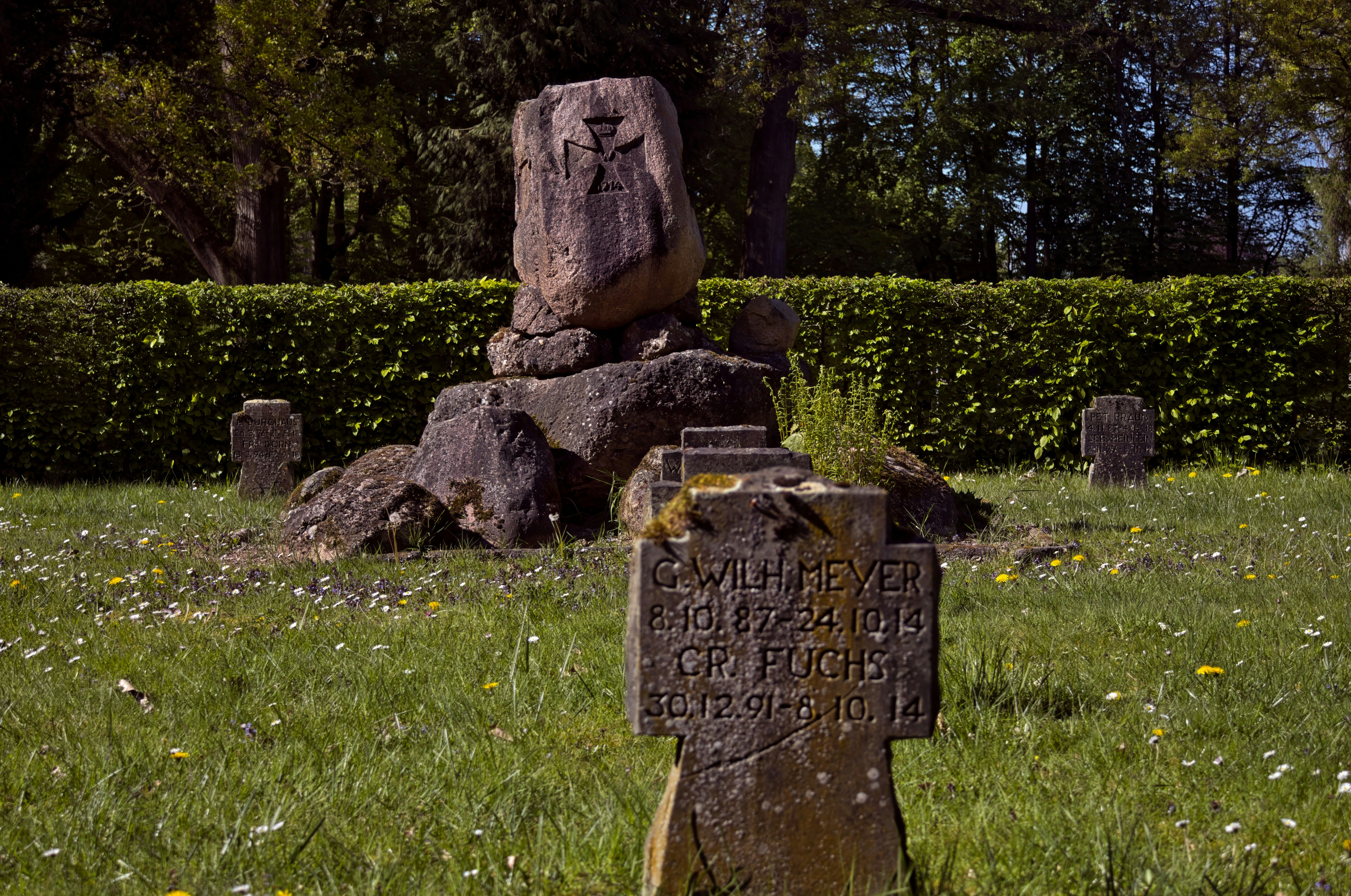 Old gravestones in a grassy cemetery with trees