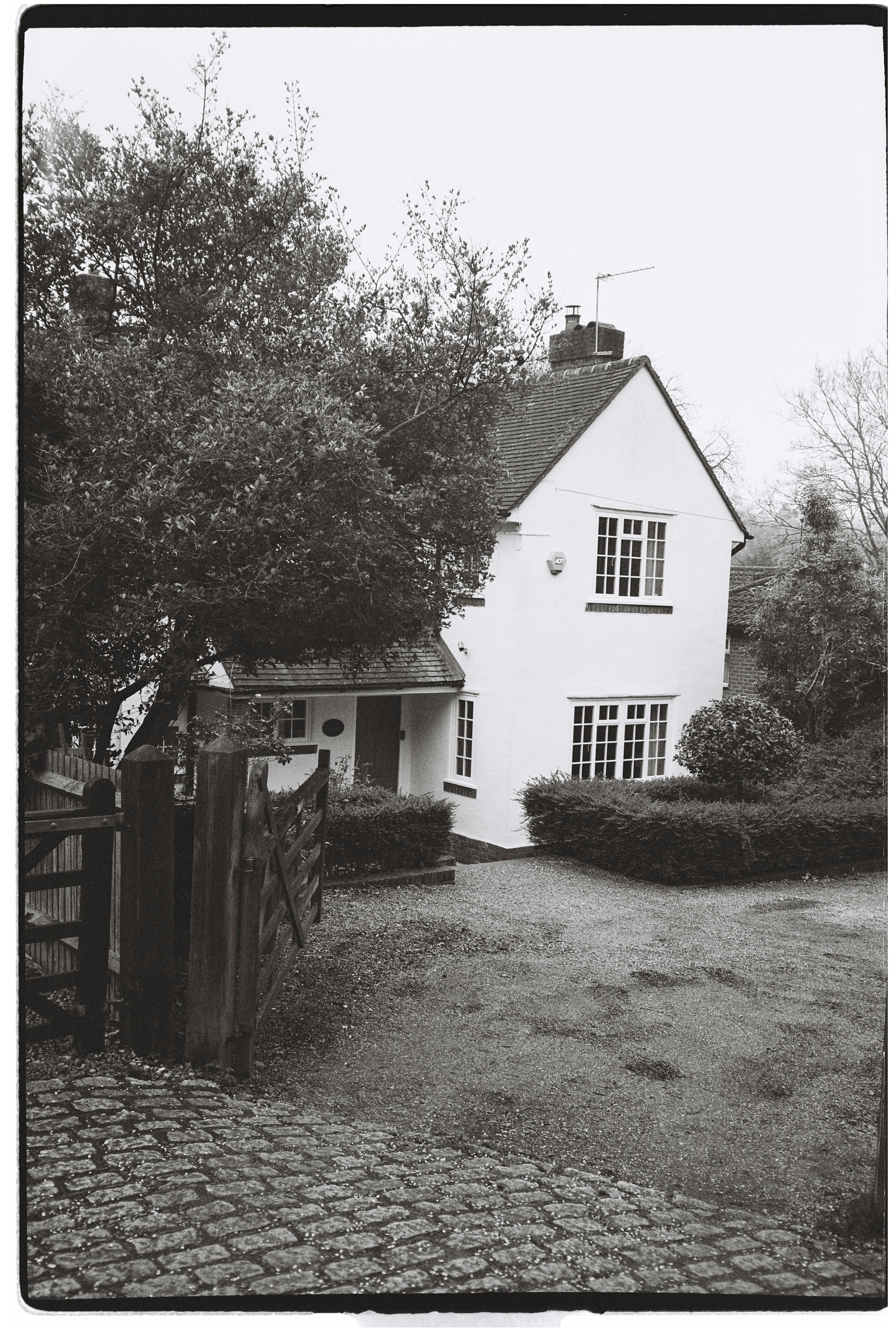 A white cottage with a wooden gate and trees.