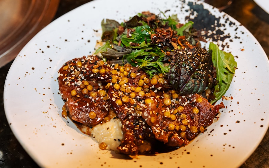 Bulgogi plated with grains and greens
