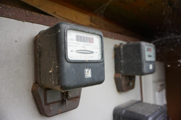 Two old electricity meters mounted on a wall.