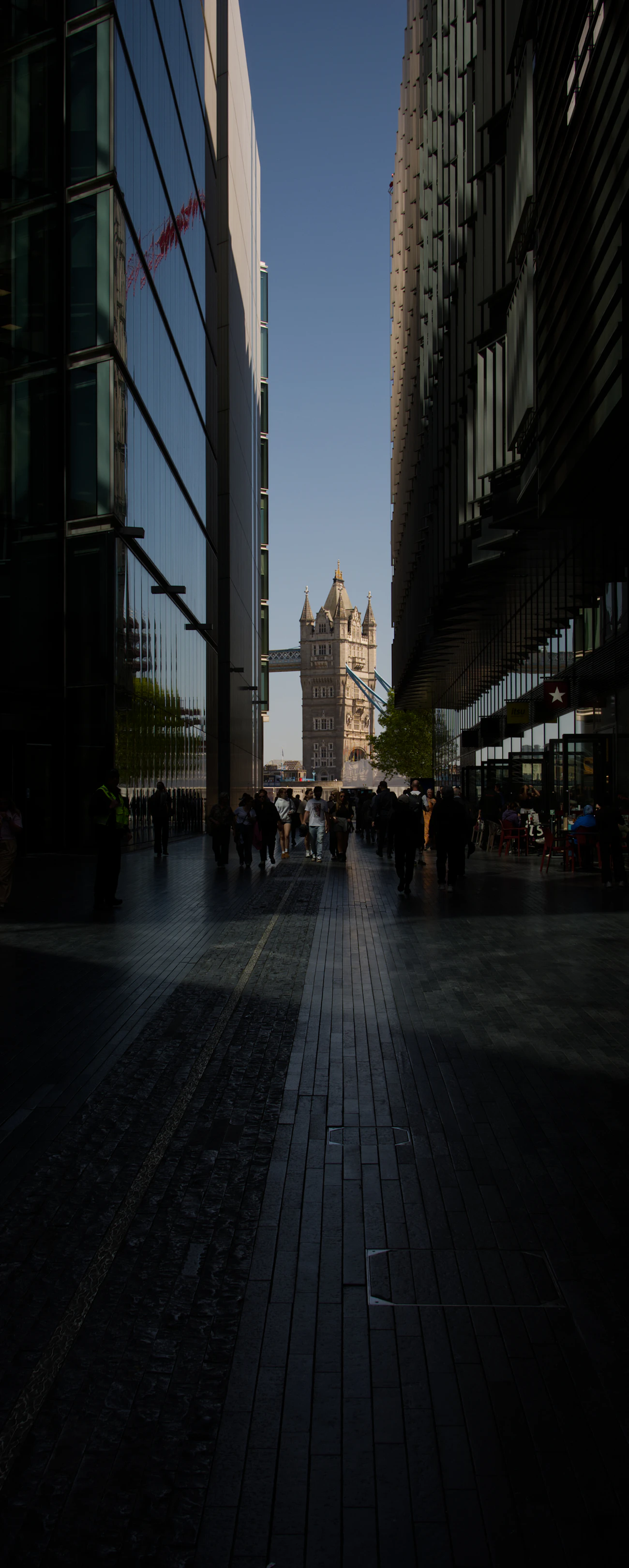 Tower Bridge framed between modern buildings, London