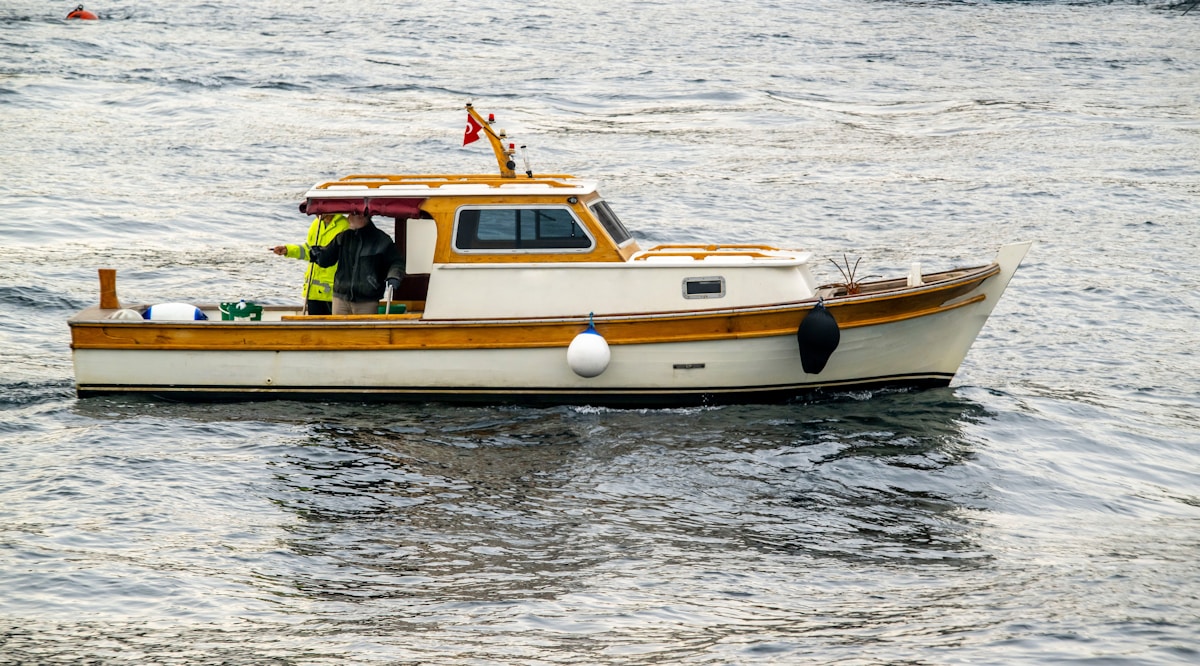 A powerboat underway on open water