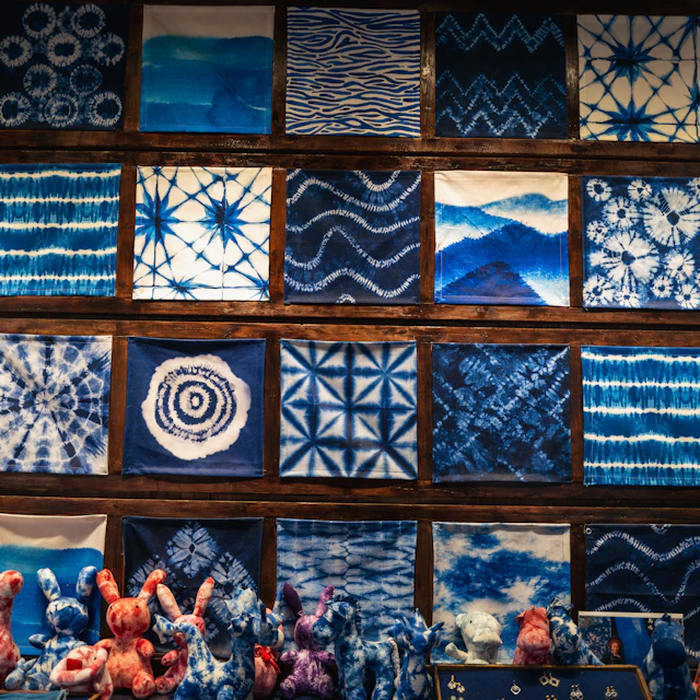 A wall display of indigo dyed fabric squares in different shades of blue