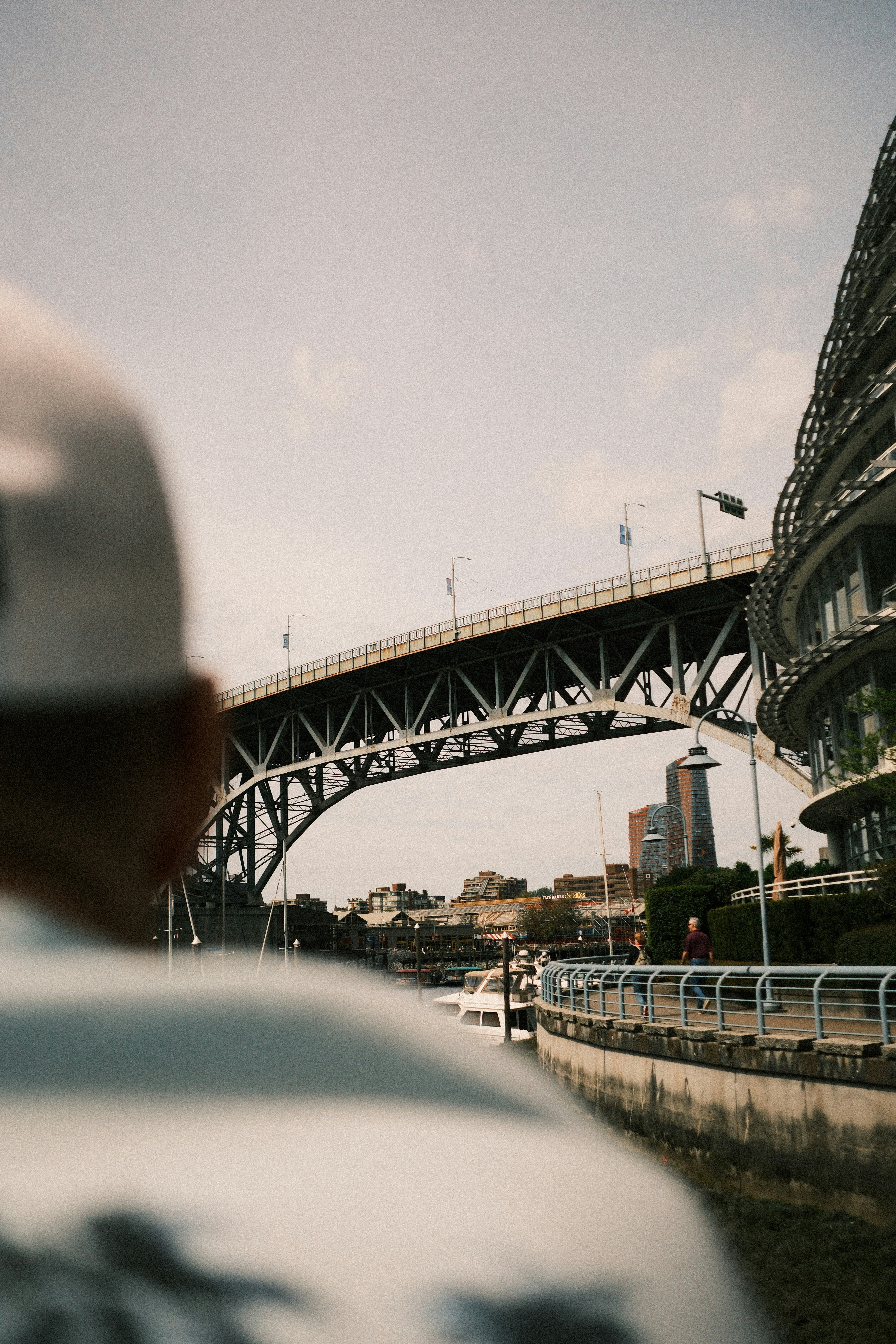 Persona mirando un puente y el horizonte de la ciudad