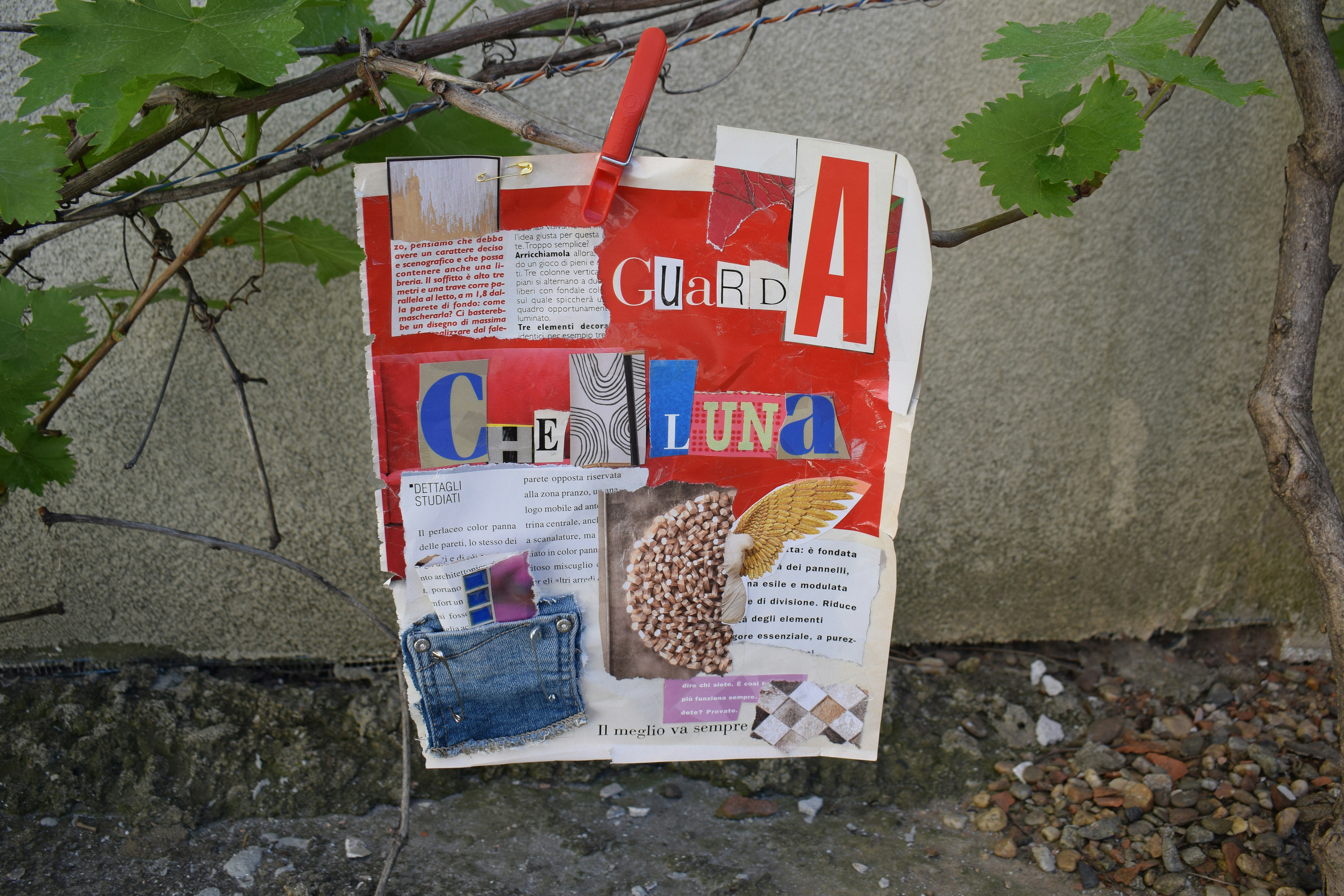 Collage of various textures and text on paper