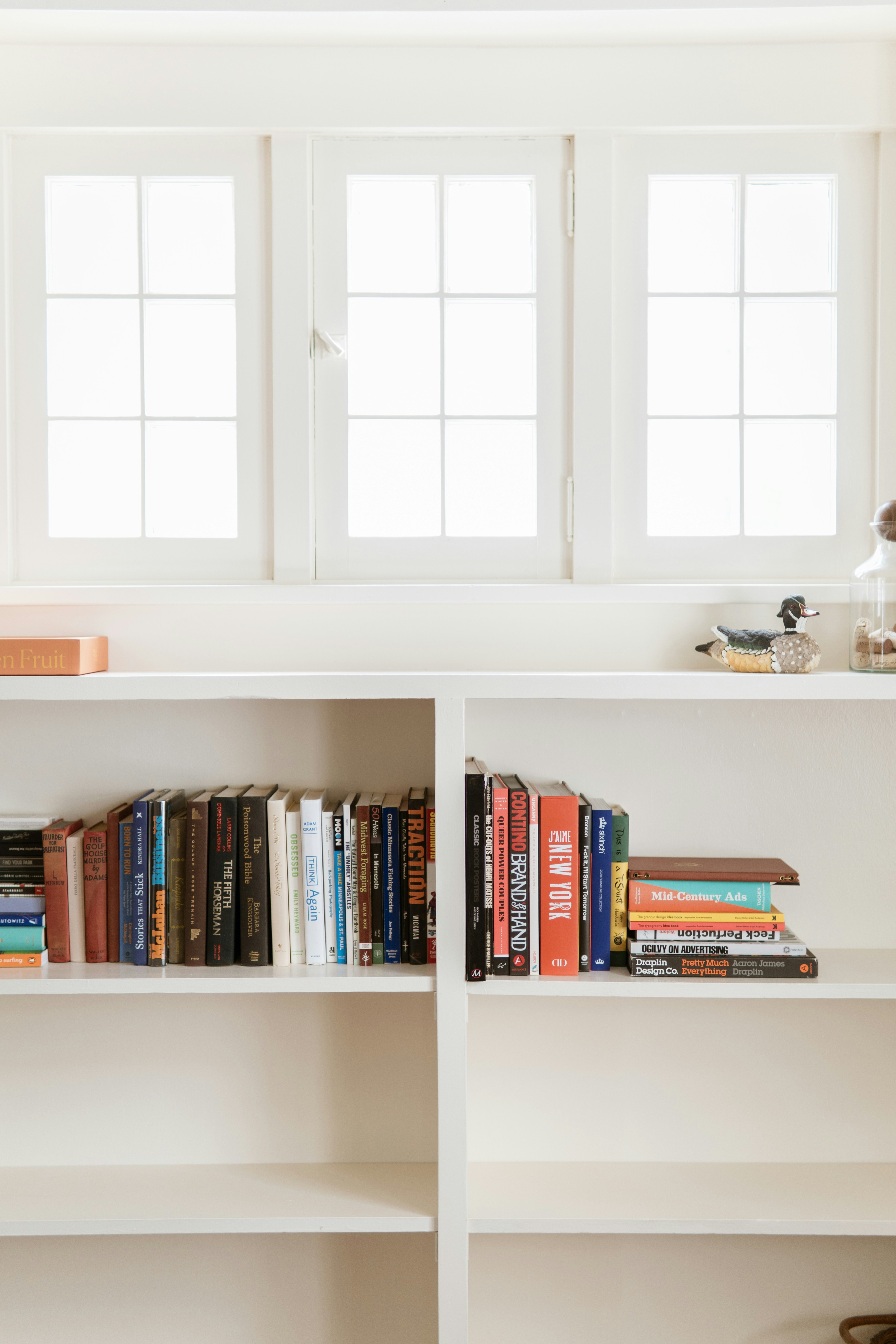 Bookshelves filled with books in front of a window.