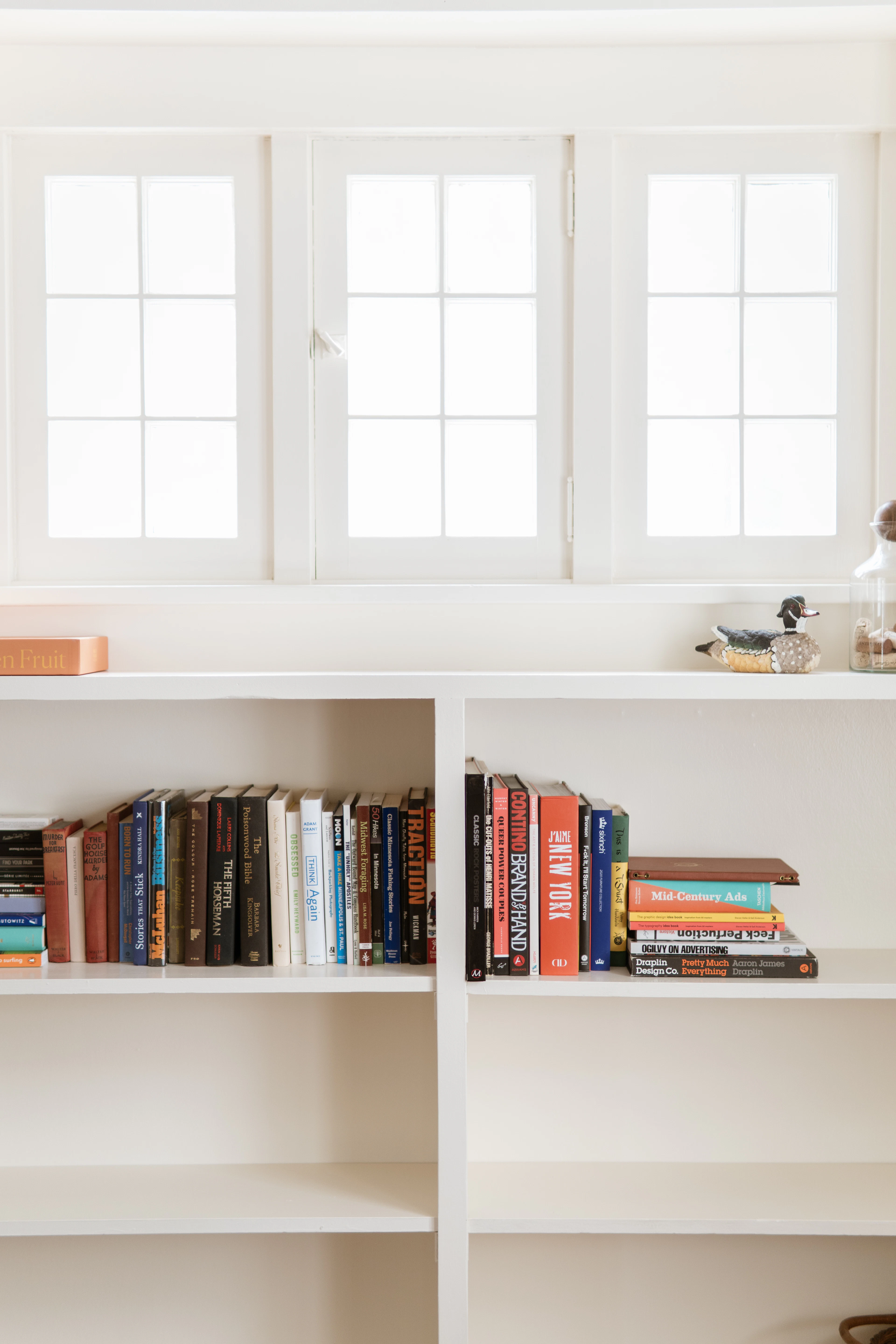 Bookshelves filled with books in front of a window
