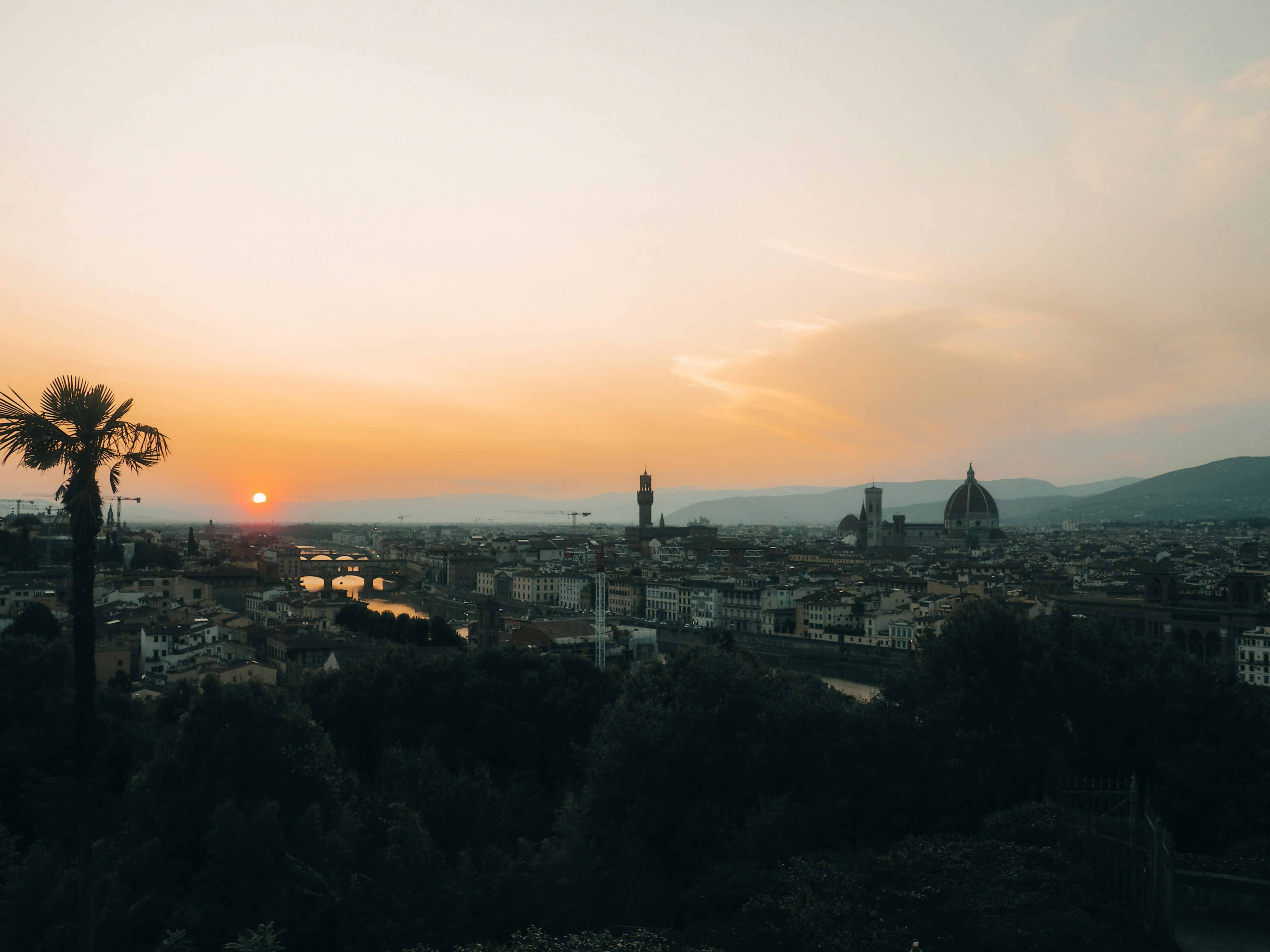 Sunset over a european city with a domed cathedral.