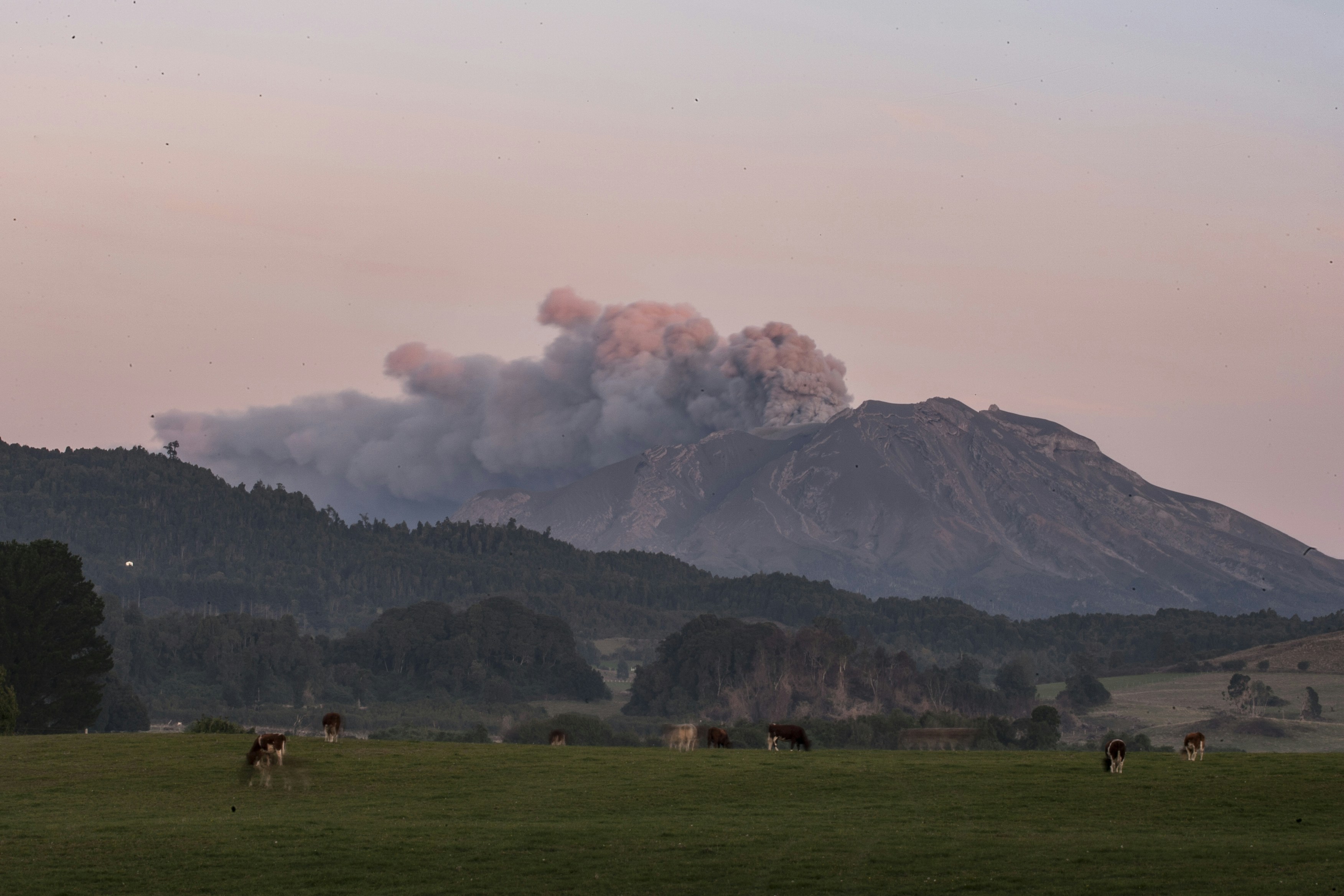 Volcano erupting with large smoke plume over green landscape