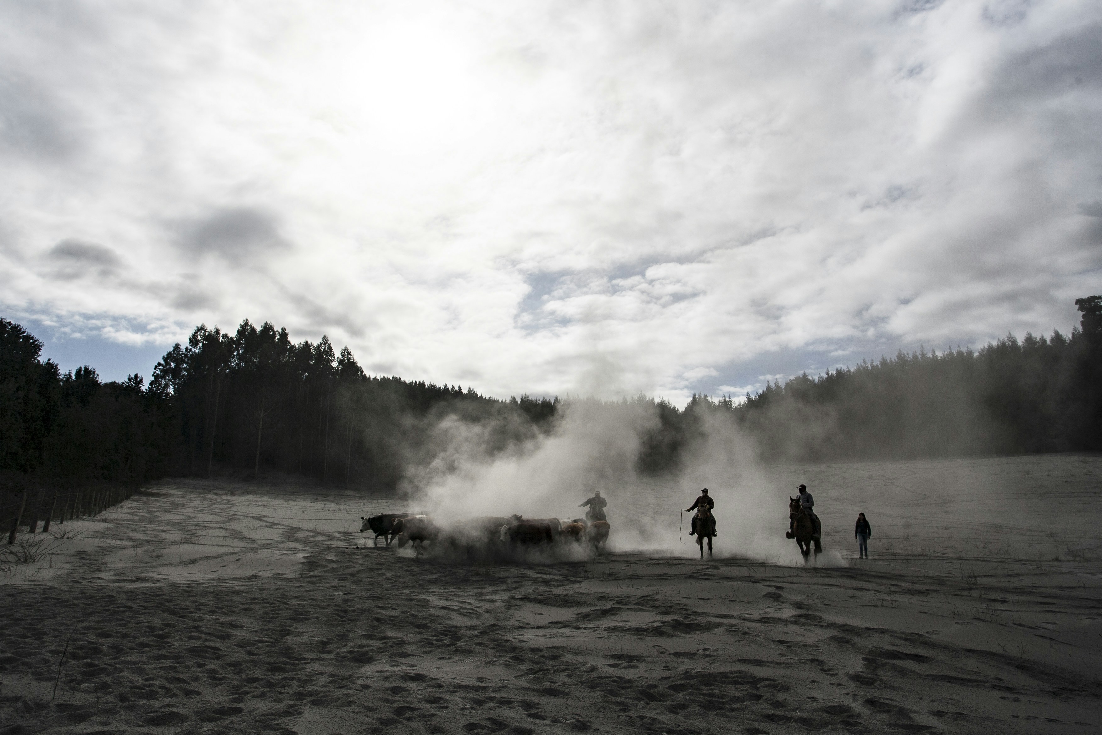People on horseback ride through a steamy, dusty landscape