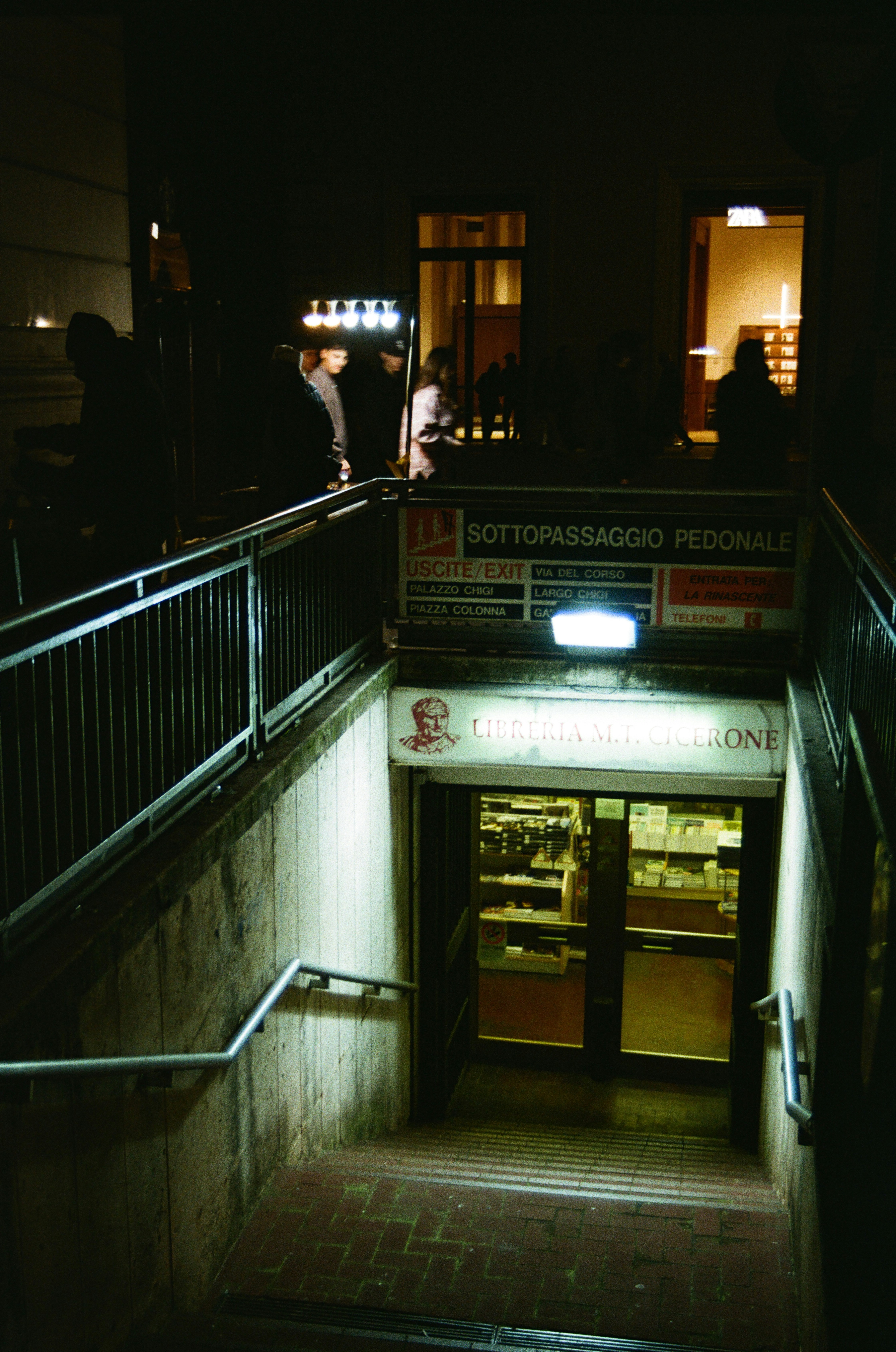Entrance to an underground pedestrian passage at night