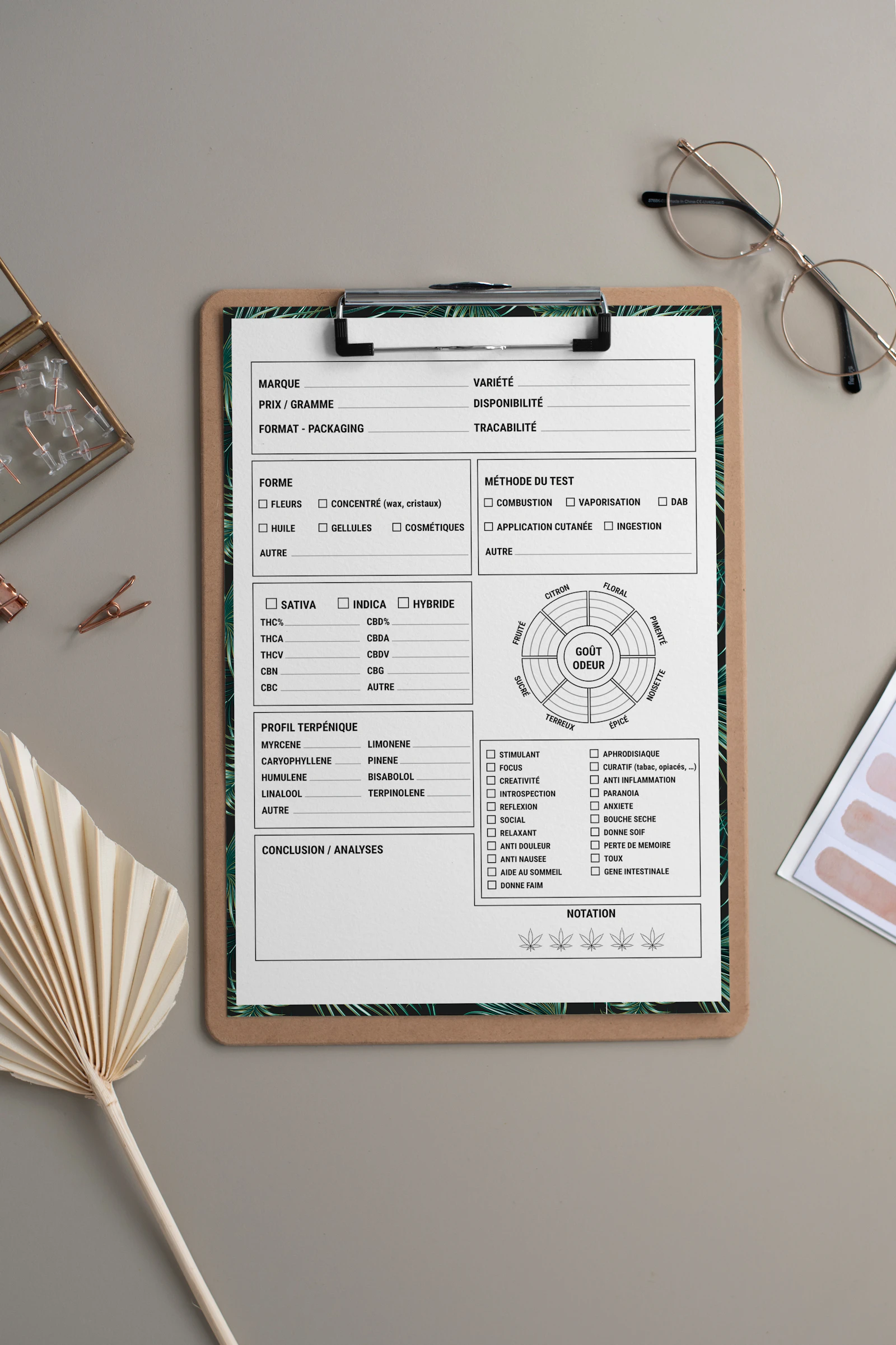 A clipboard holding paper checklist forms next to a pair of glasses on a desk, representing manual audit trail and batch record review