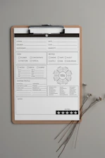 A cannabis strain information sheet on a clipboard