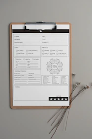 A cannabis strain information sheet on a clipboard