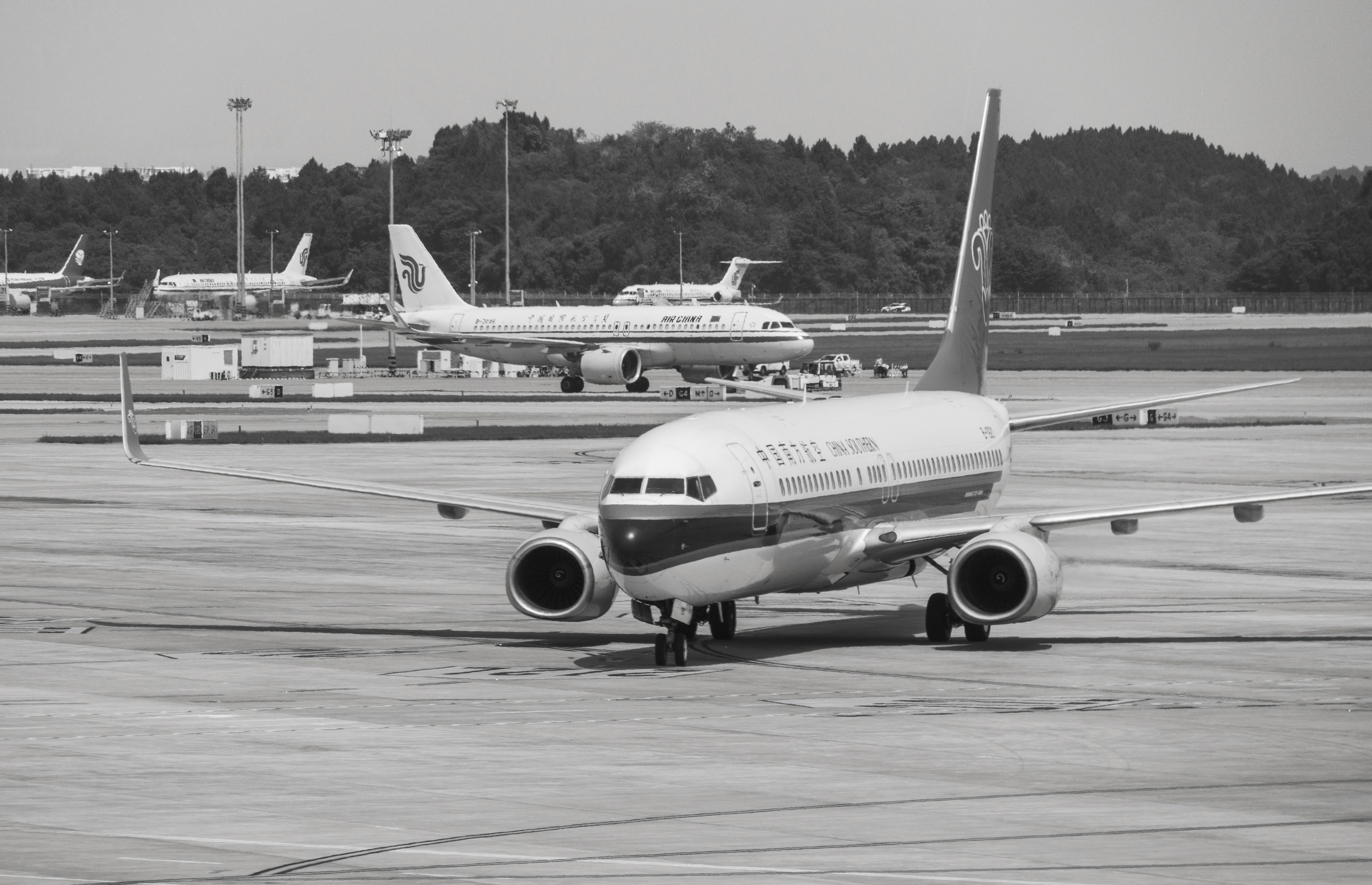 空港の滑走路に商業飛行機が駐機しています。