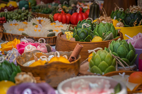 Assortment of decorative candles shaped like vegetables and fruits.