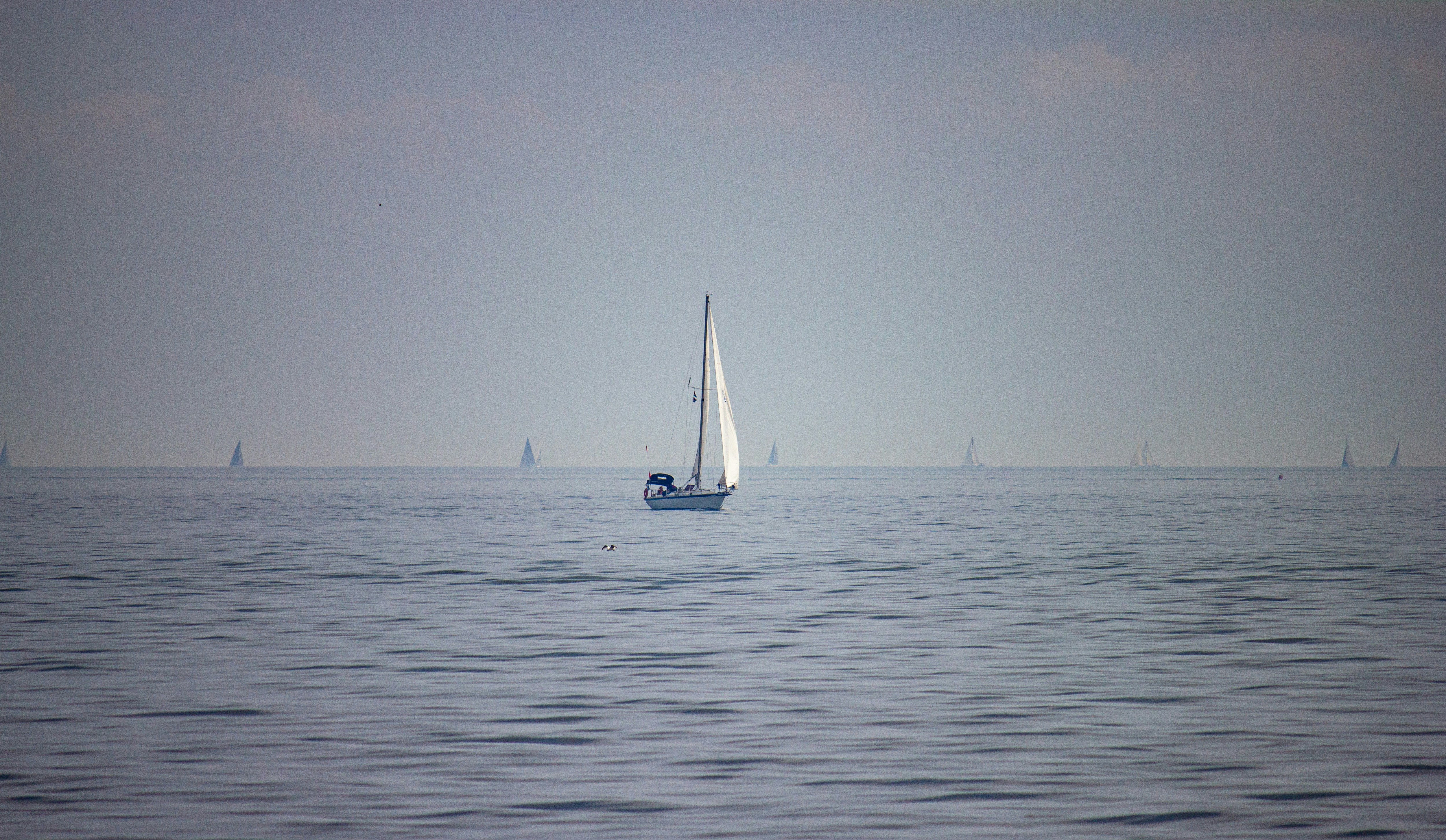 Un voilier solitaire glisse sur une mer calme.