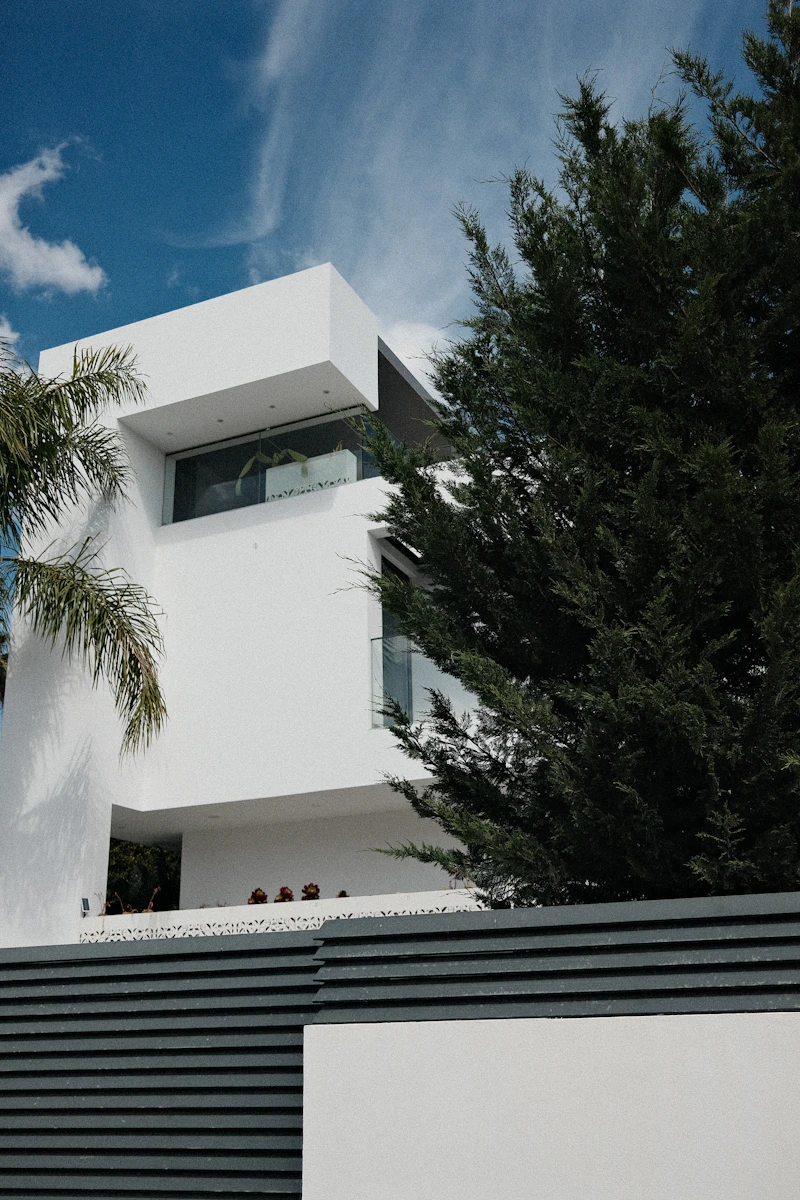 Minimalist white villa exterior with clean architectural lines