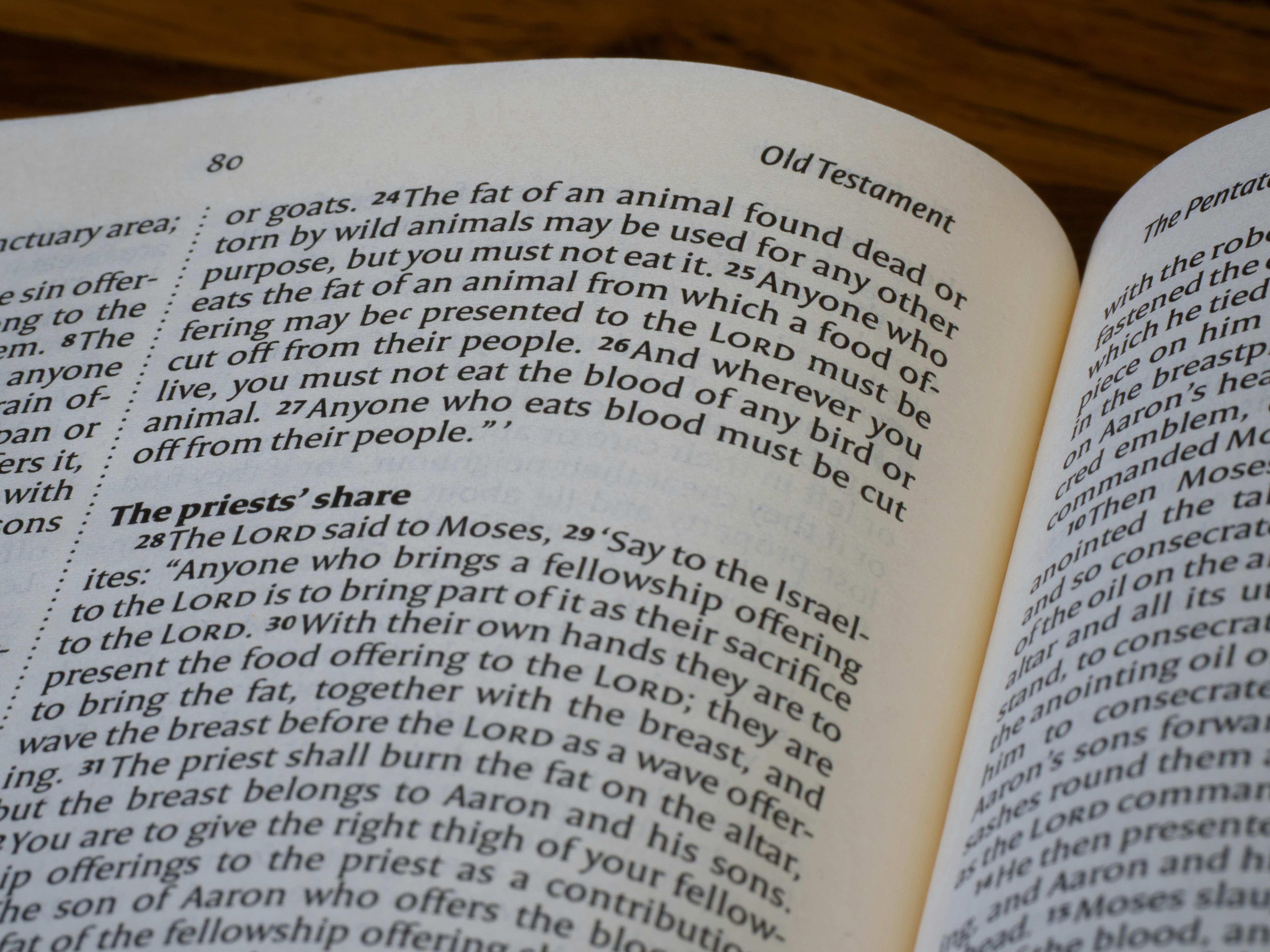 Close-up of an open book with old testament text.