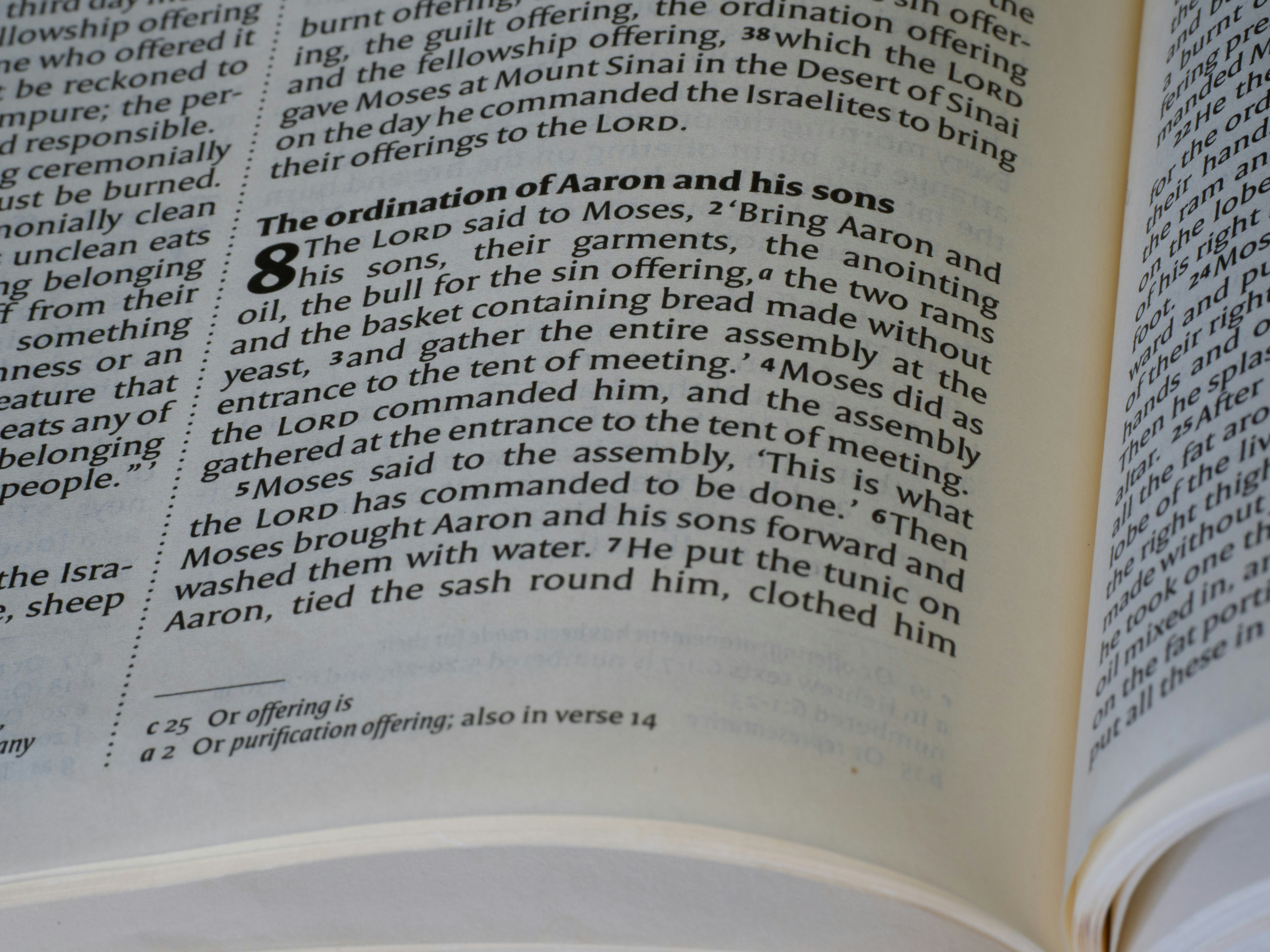 Close-up of an open bible with text visible.