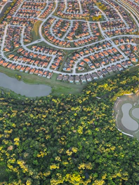 Aerial view of suburban neighborhood bordering a forest and lake