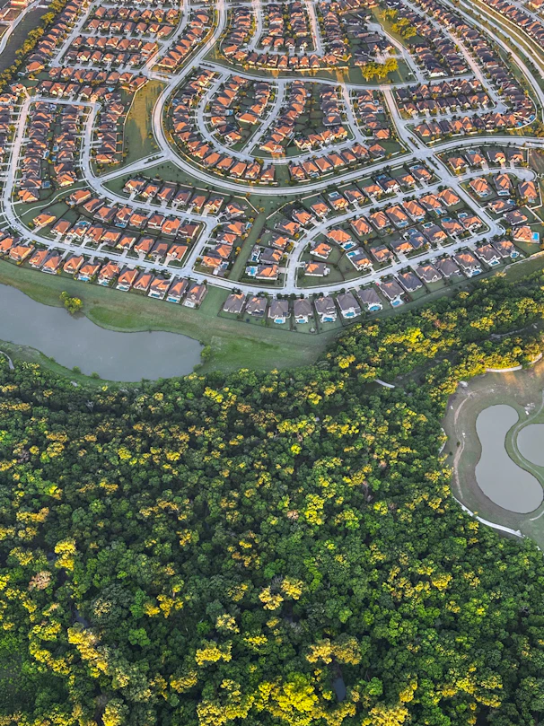 Aerial view of suburban neighborhood bordering a forest and lake