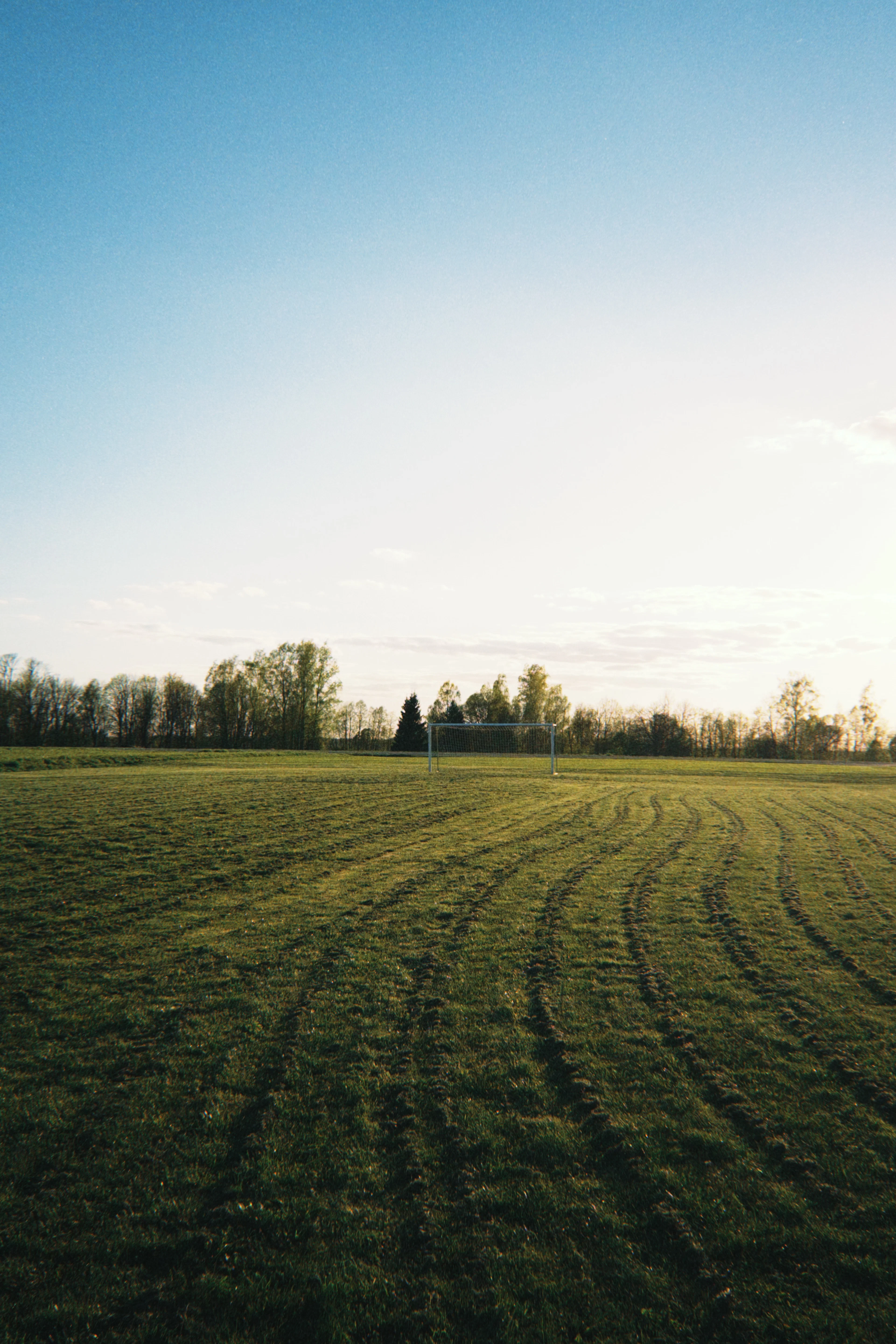 Level green plot with tyre tracks across it