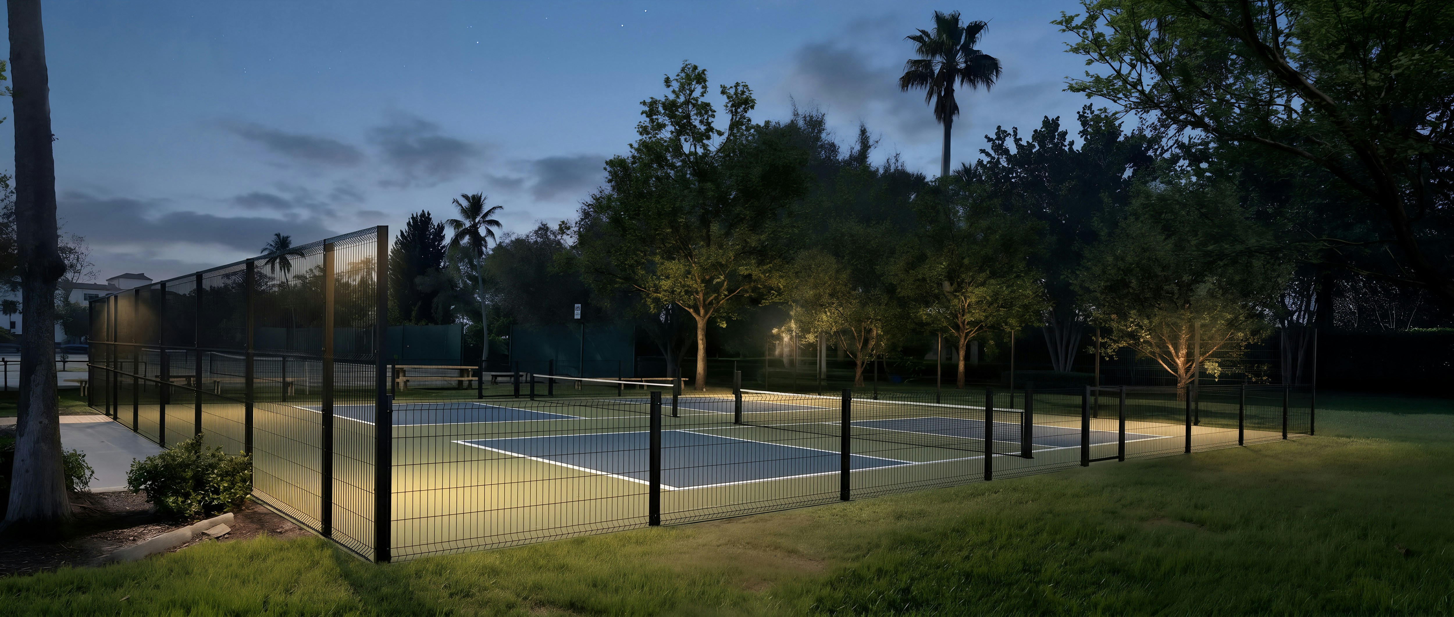 Leerer Tennisplatz bei Einbruch der Dämmerung mit brennendem Licht