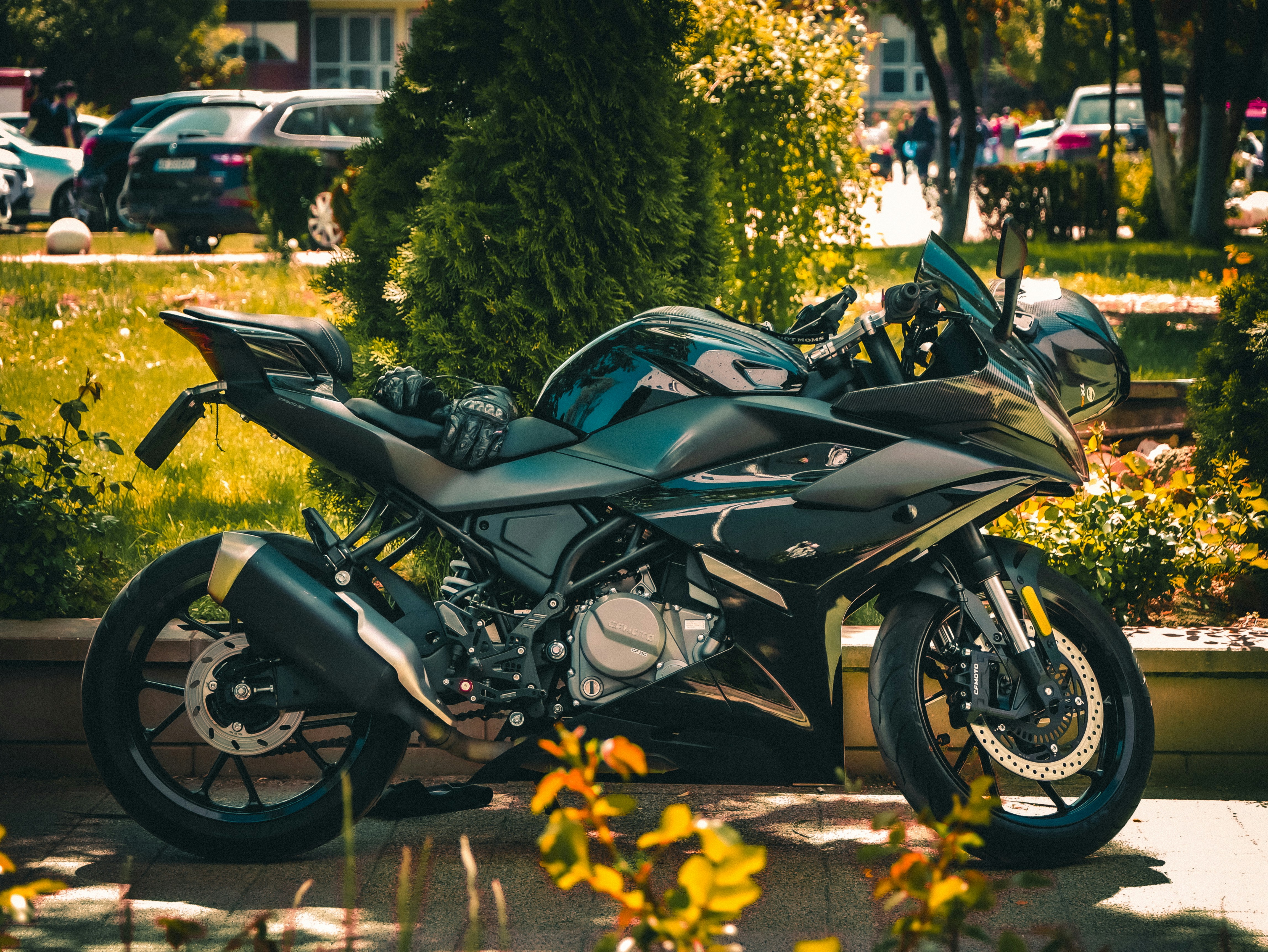 A sleek, dark motorcycle parked outdoors near bushes.