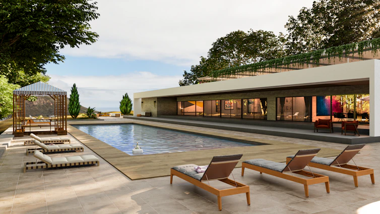 Modern house with swimming pool and lounge chairs