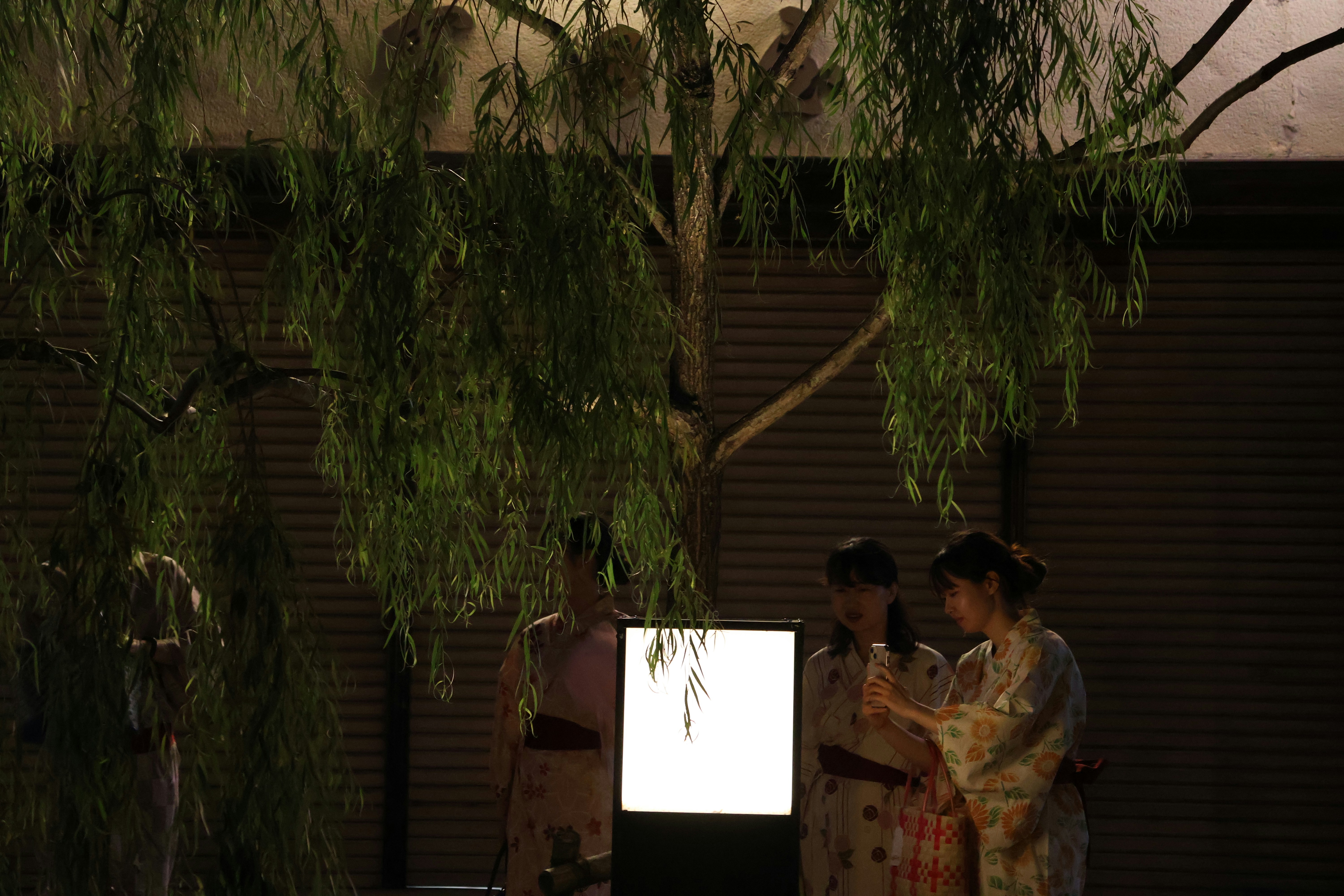 People in kimonos looking at a glowing lantern