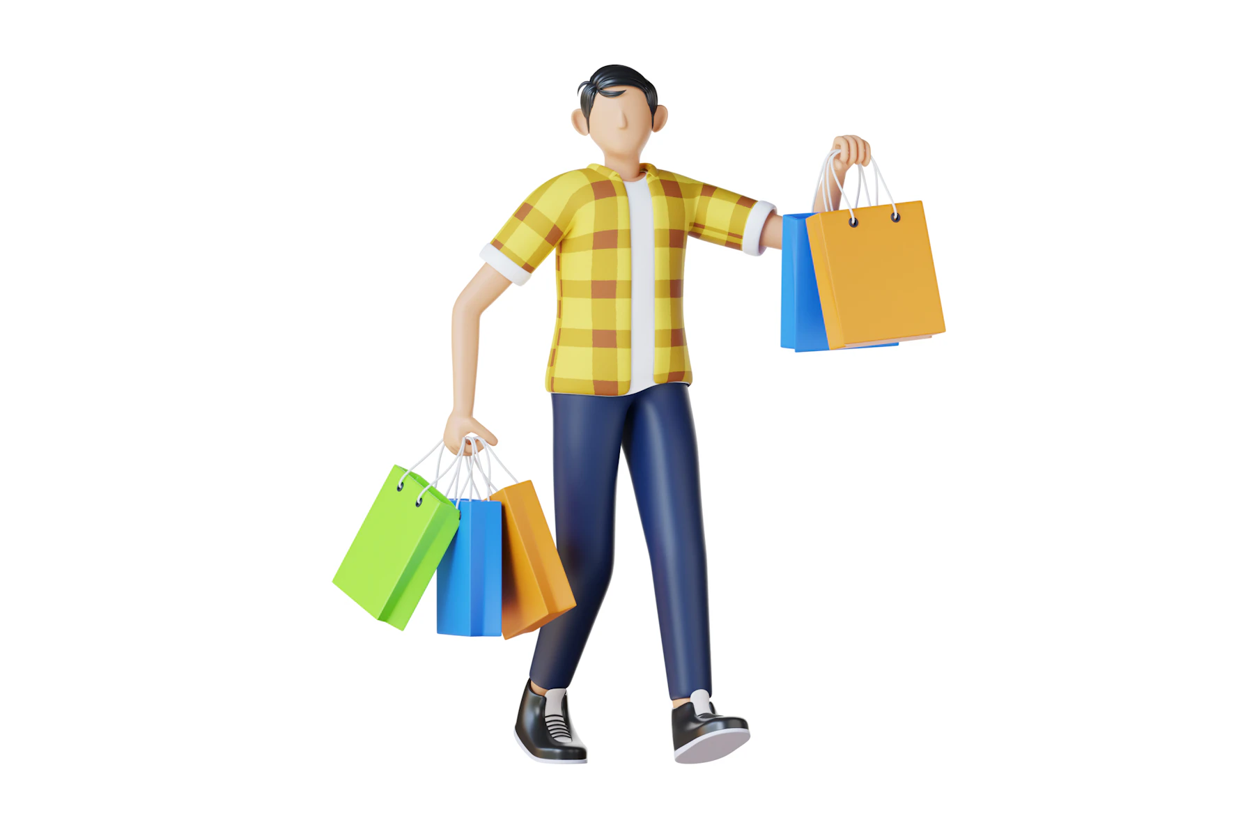 Man carrying colorful shopping bags on white background