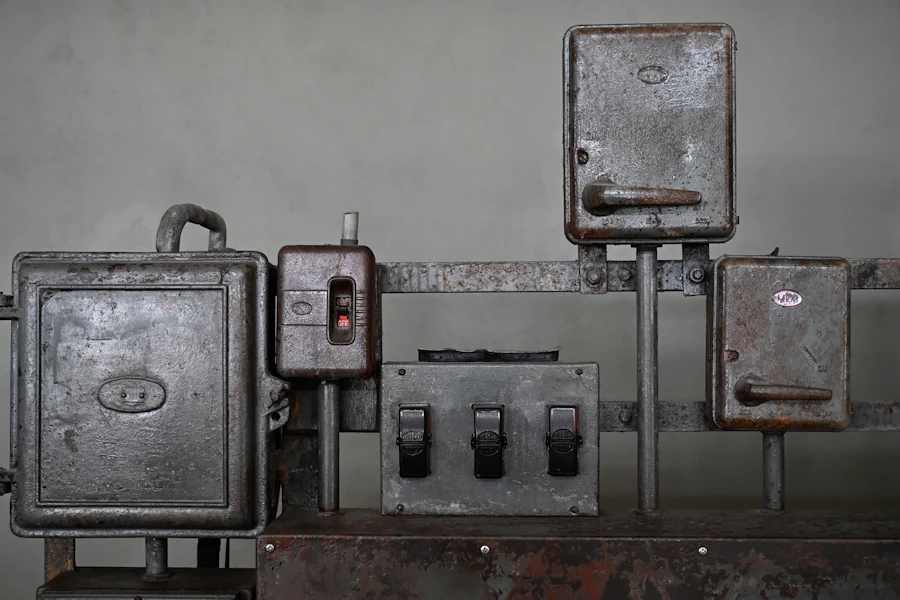 Old metal switch boxes on a grey wall