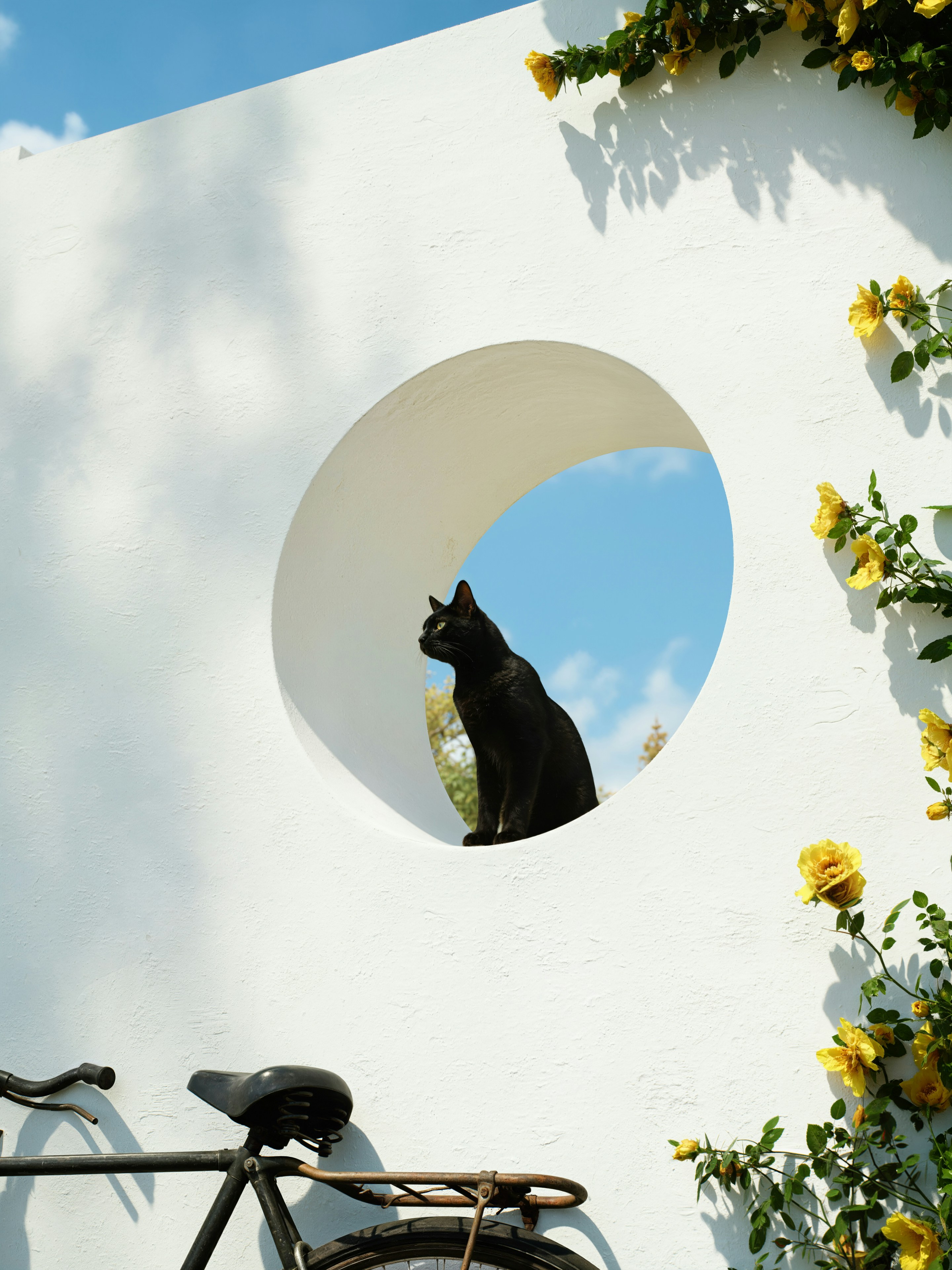 Black cat sits in circular window on sunny day.
