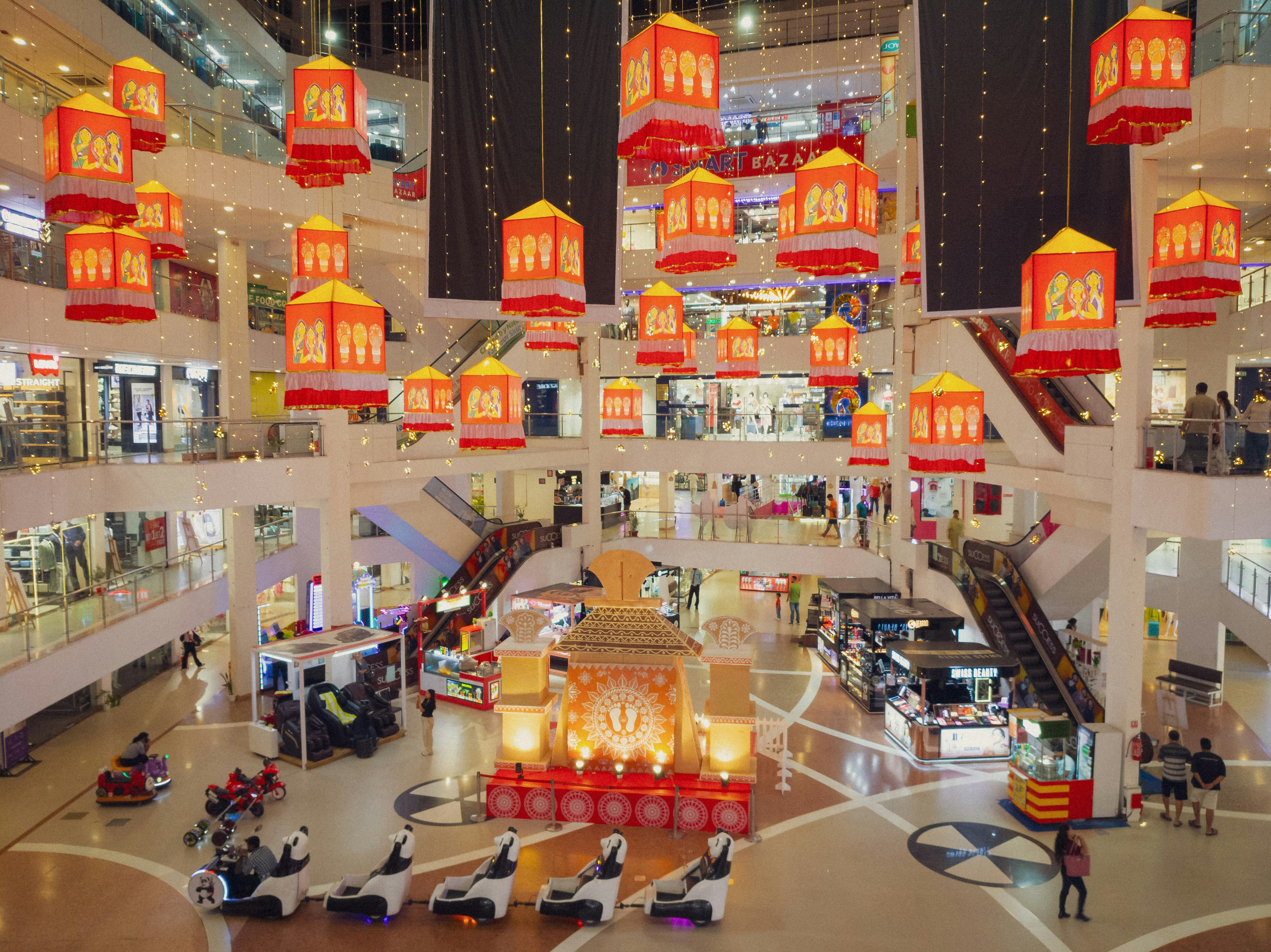 Shopping mall decorated with hanging lanterns
