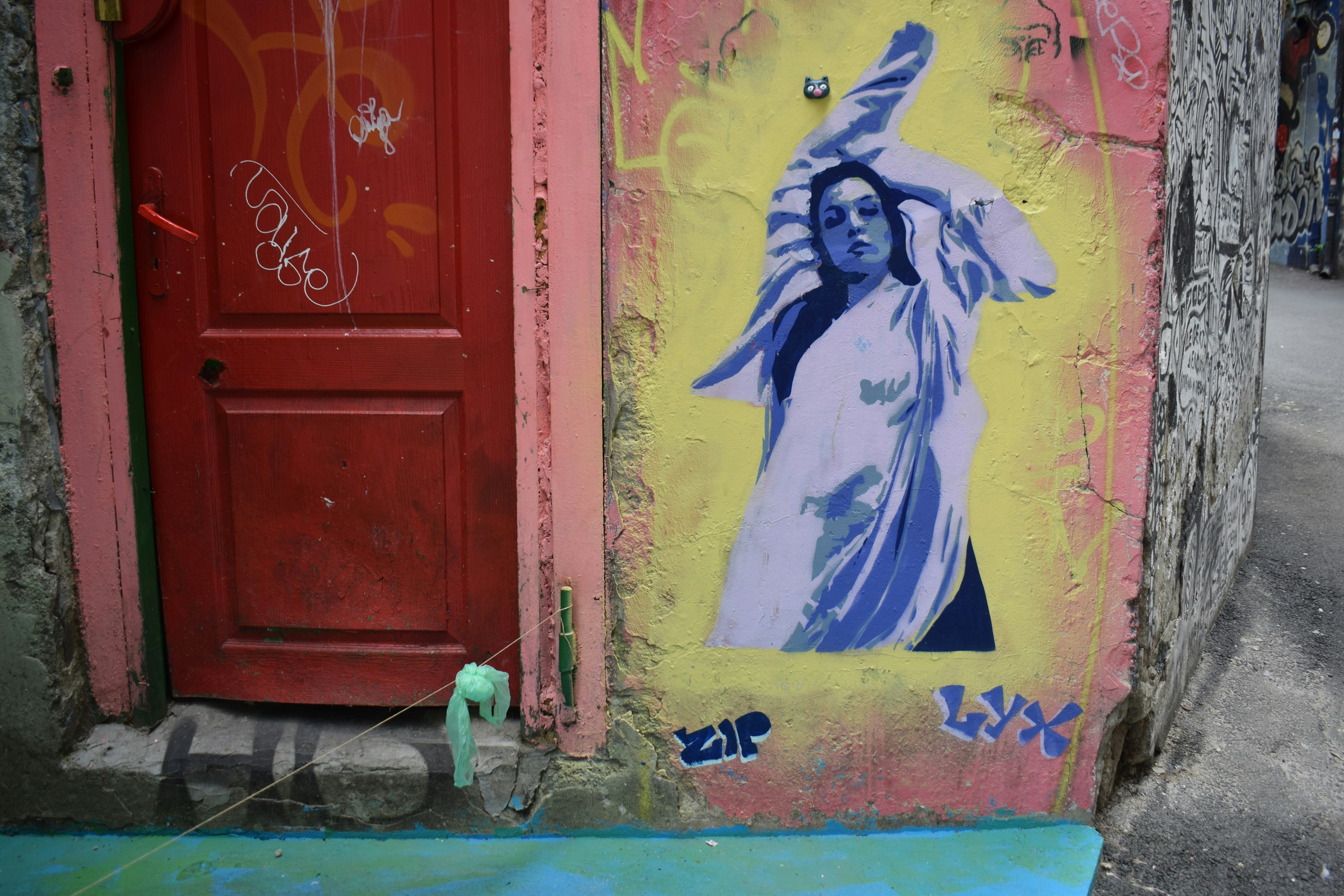 Graffiti art of a woman on a textured wall.