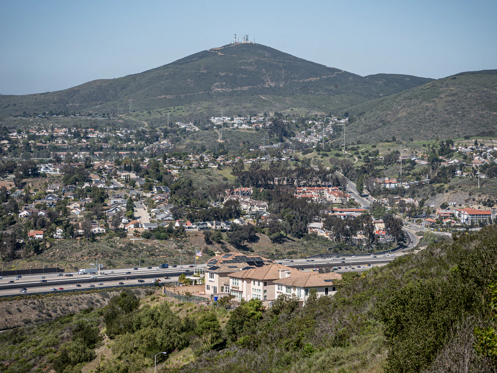 Aerial view of San Diego suburban neighborhoods on rolling hills