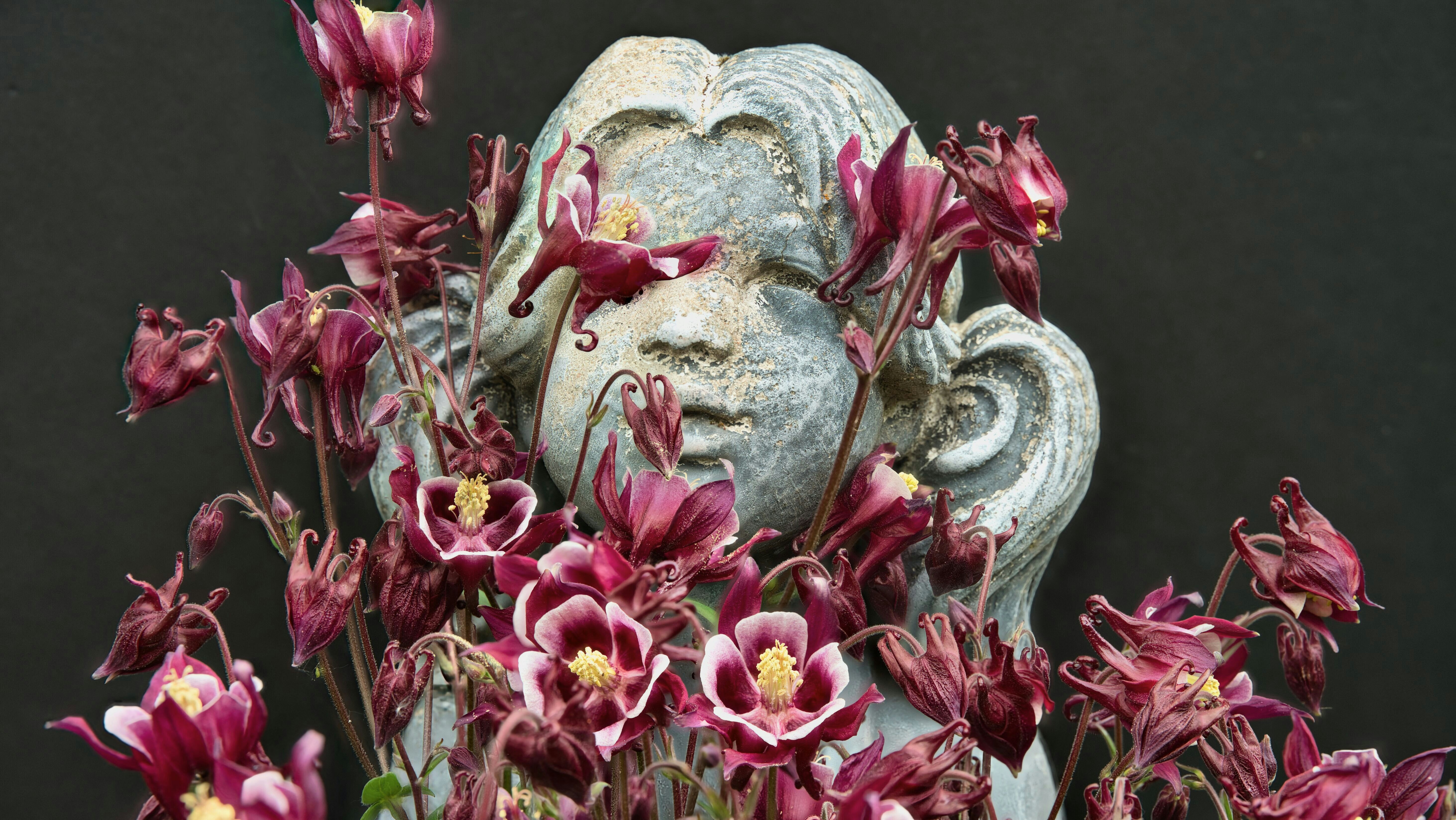 Steinstatue, geschmückt mit dunkelrosa Blumen