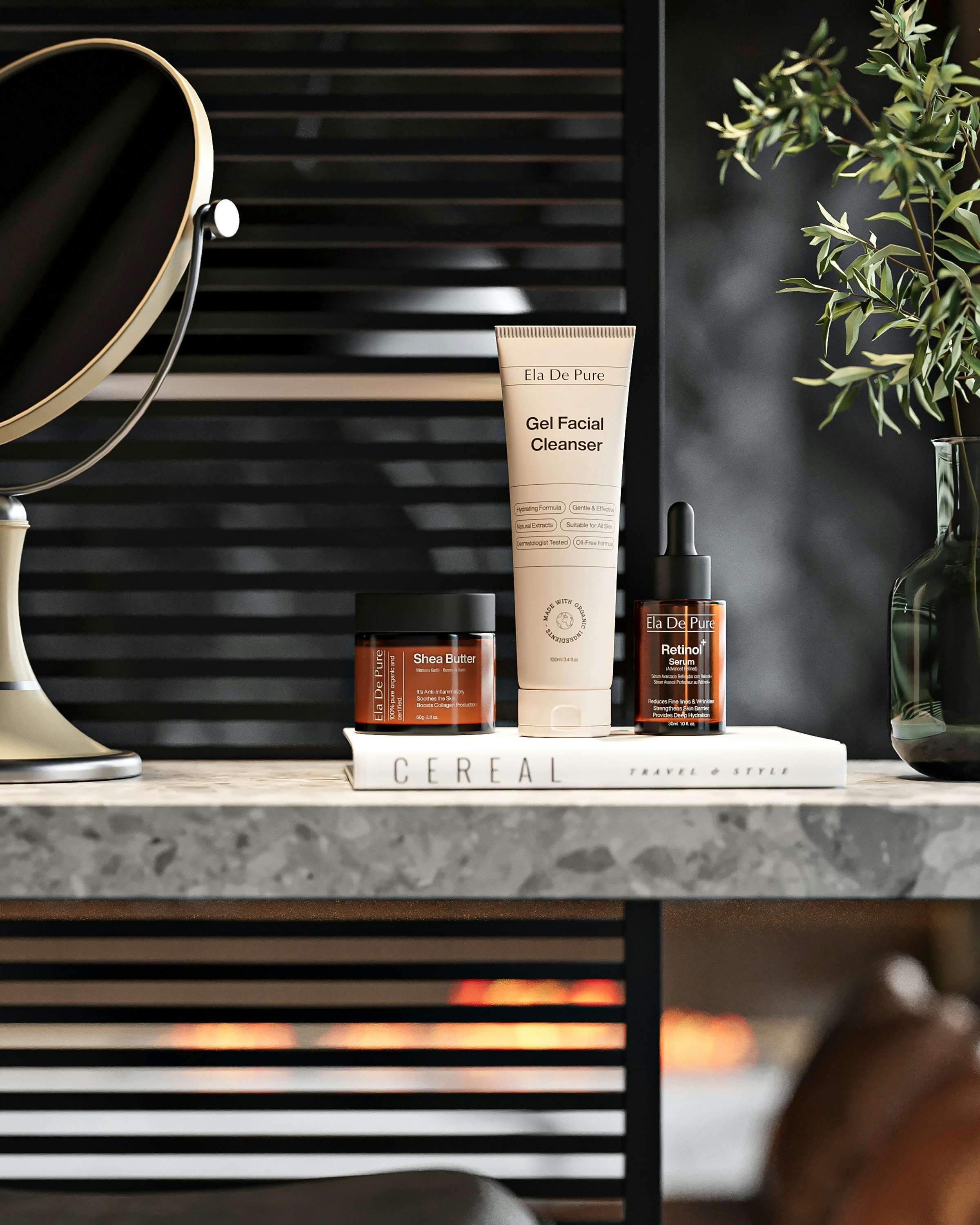 Skincare products arranged on a marble counter