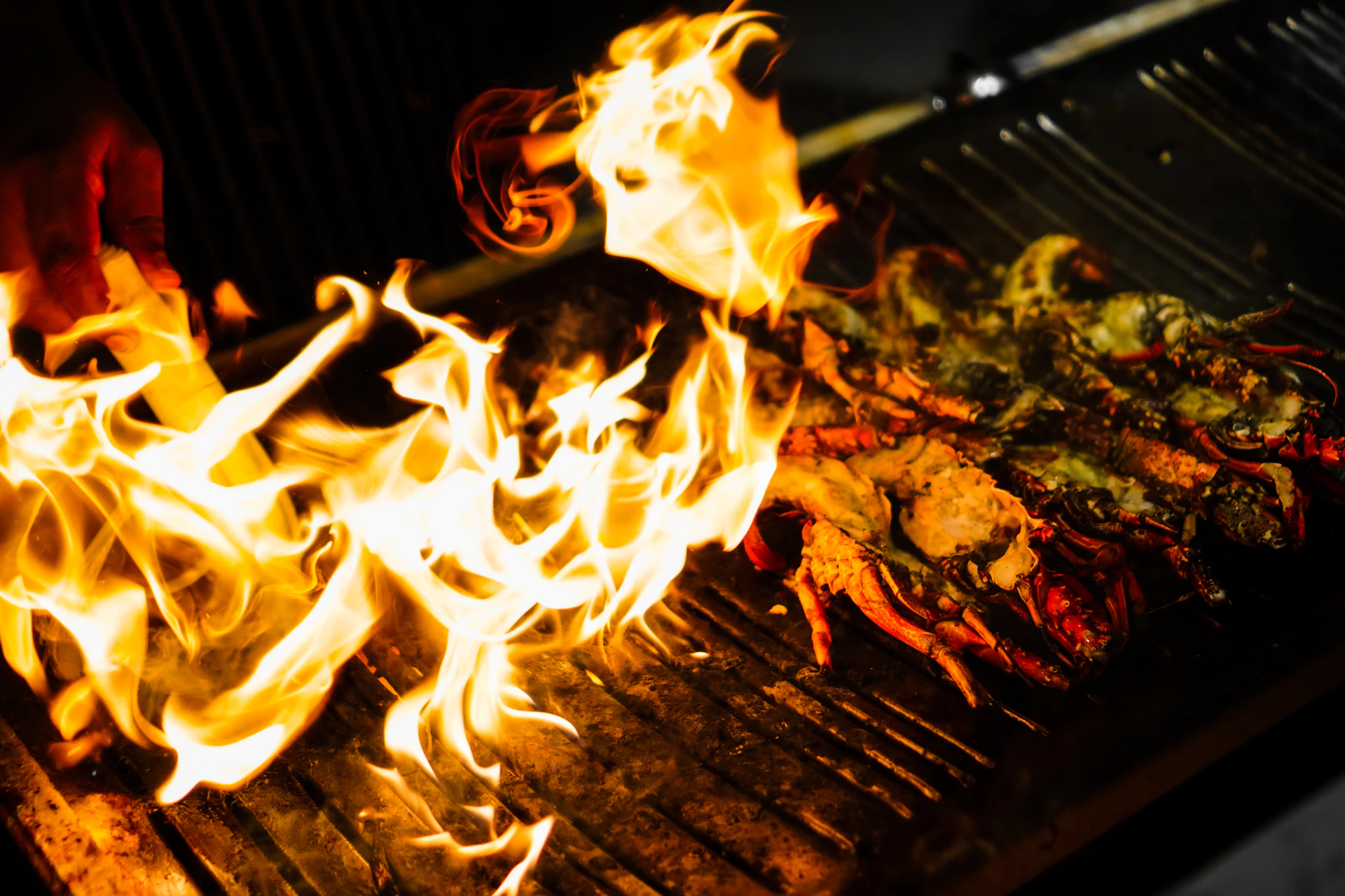 Pescado y marisco cocinándose sobre las llamas de la brasa