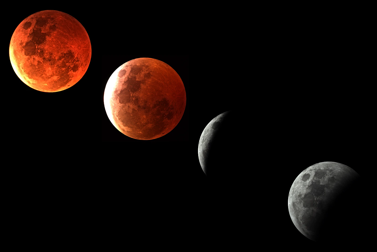 Phases of a lunar eclipse against a black night sky