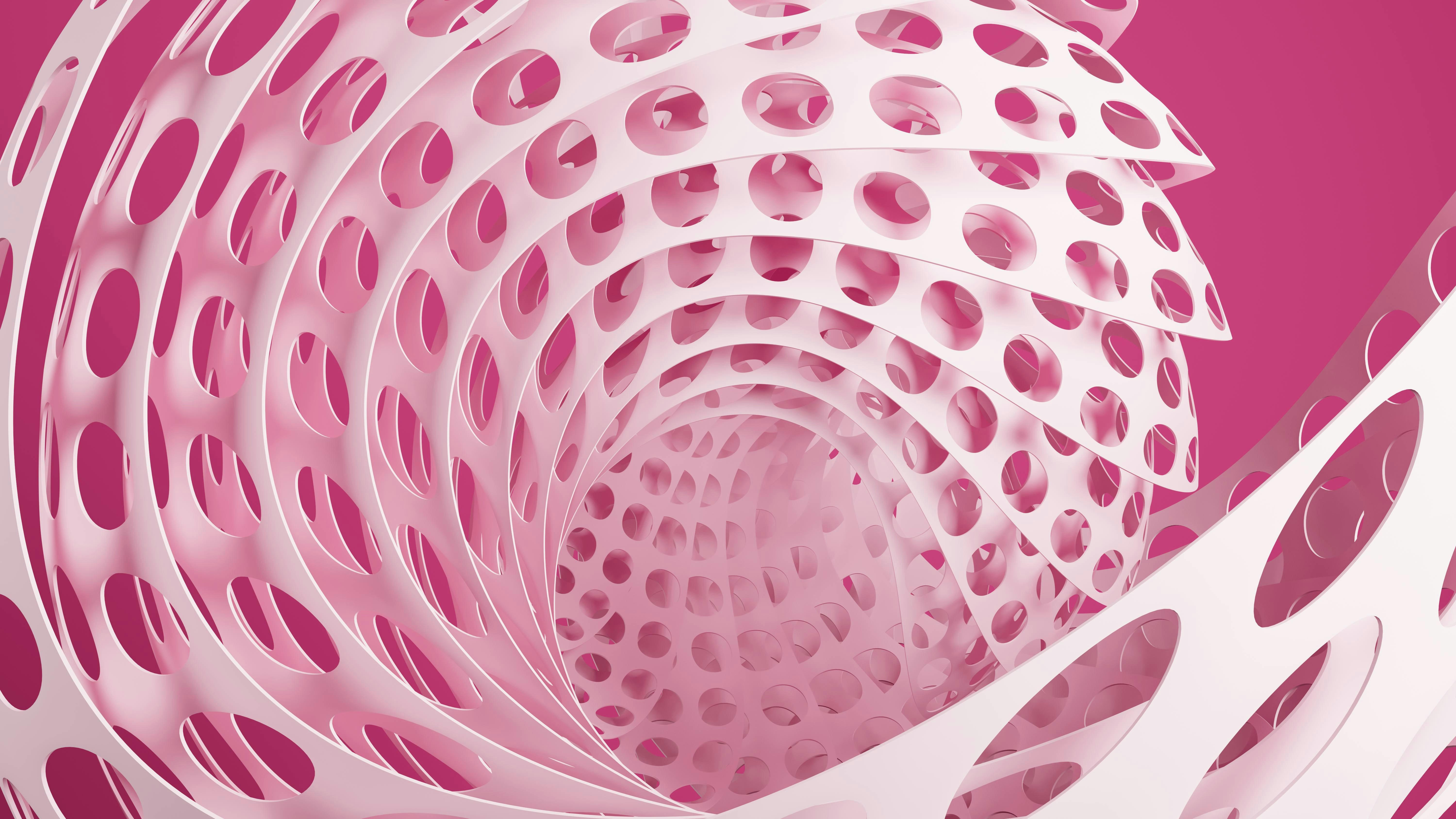 White perforated spiral abstract structure on a pink background.