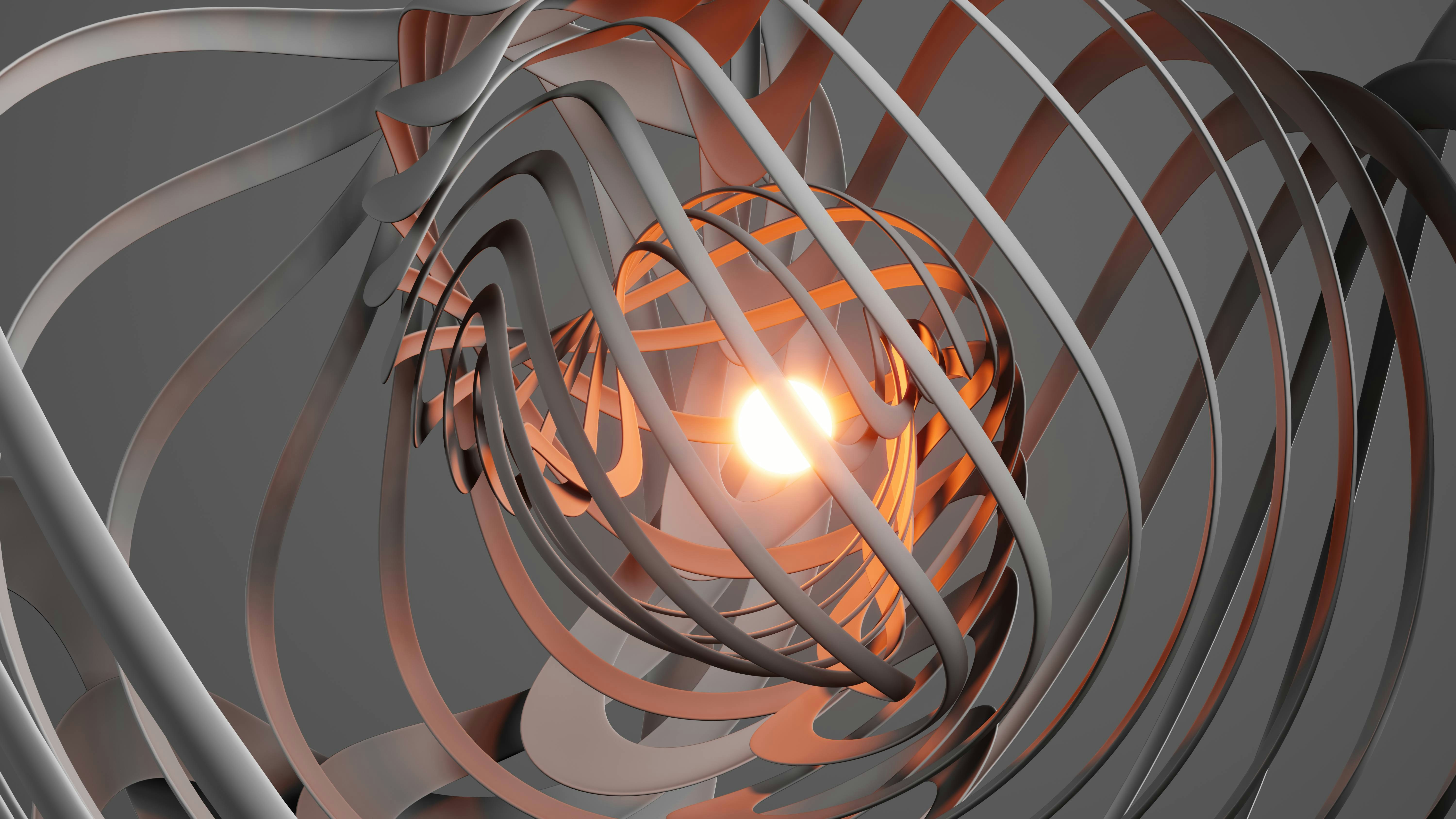 Abstract metallic structure with glowing orange core