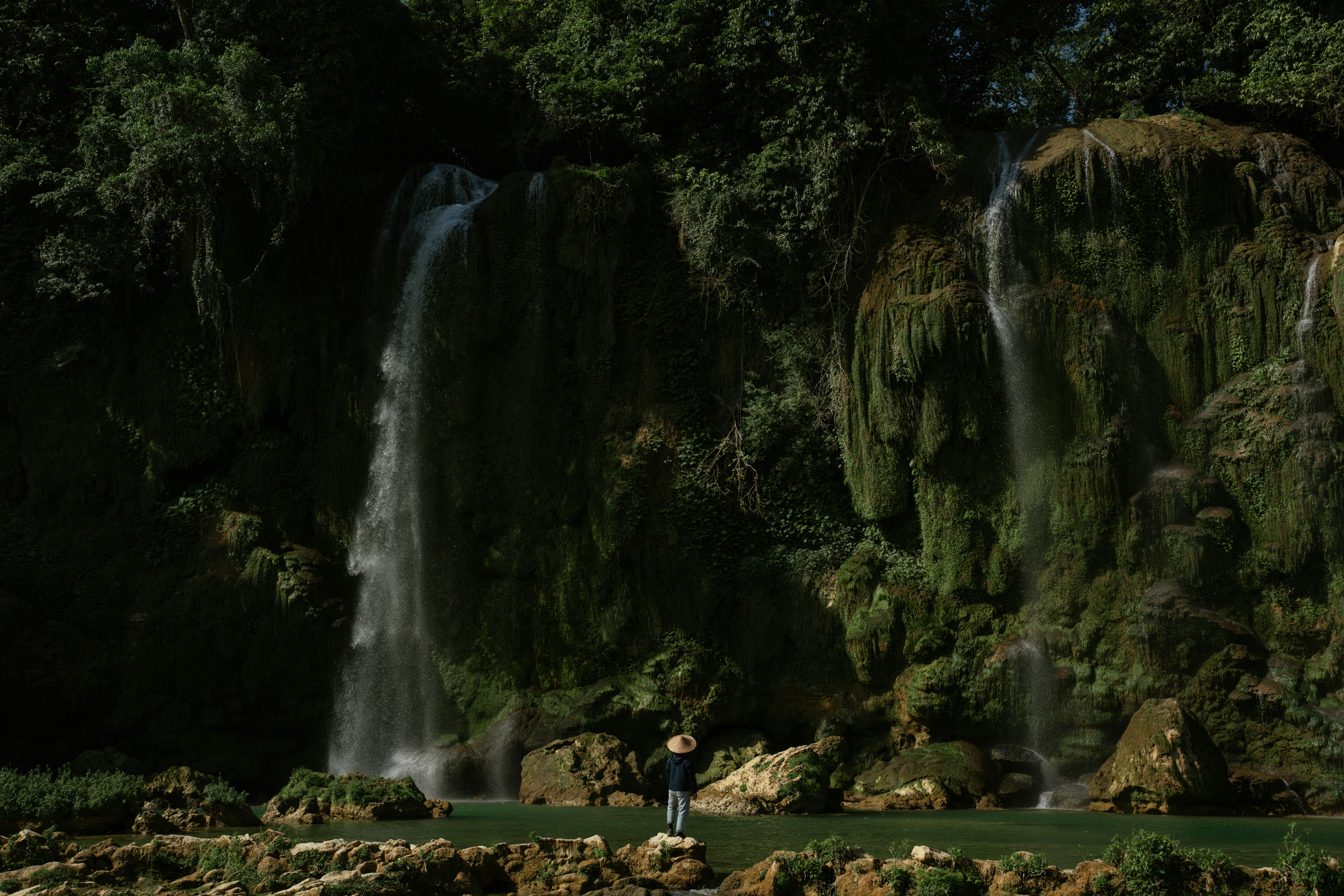 A person stands before a lush waterfall in a forest.