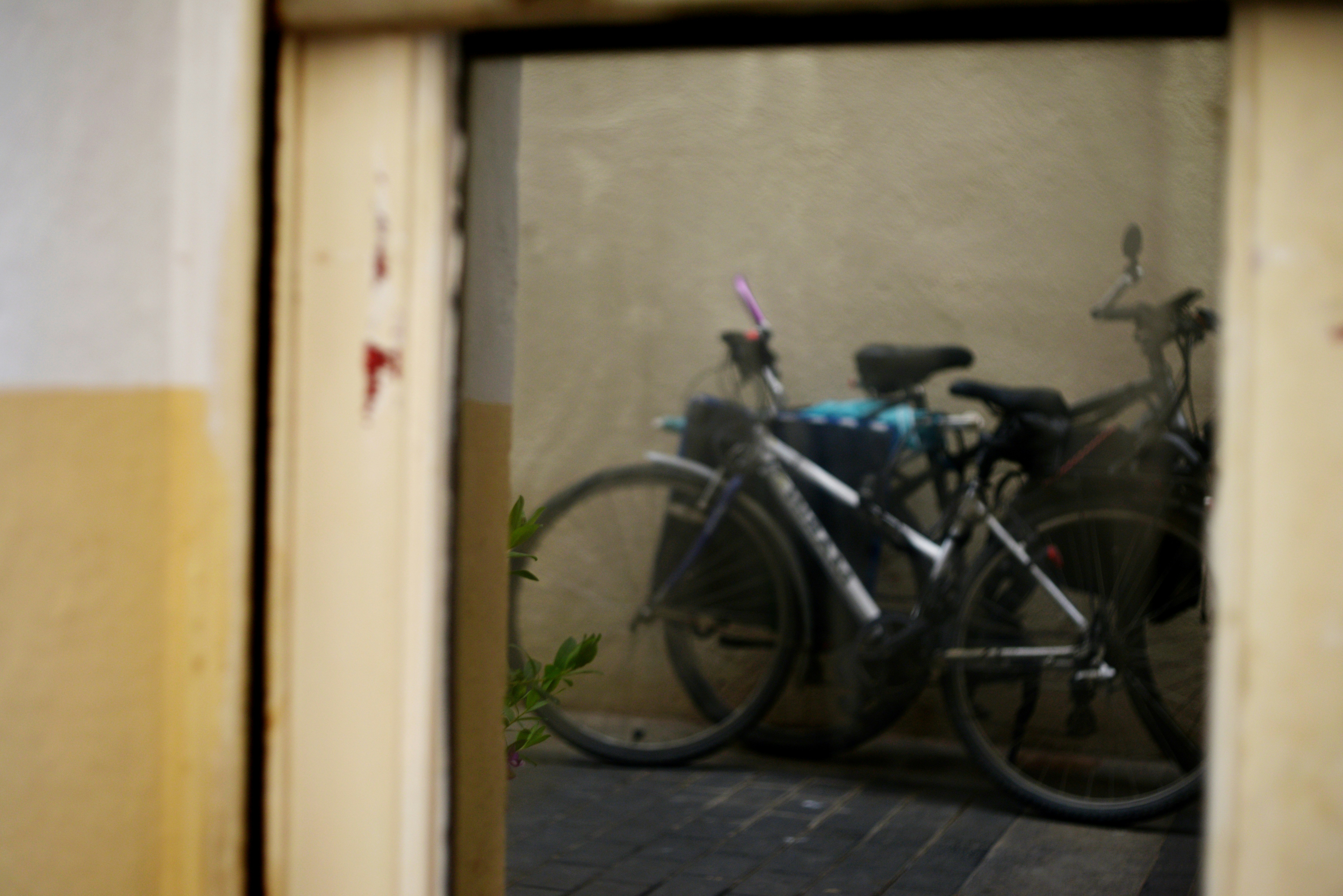 Two bicycles parked inside a building