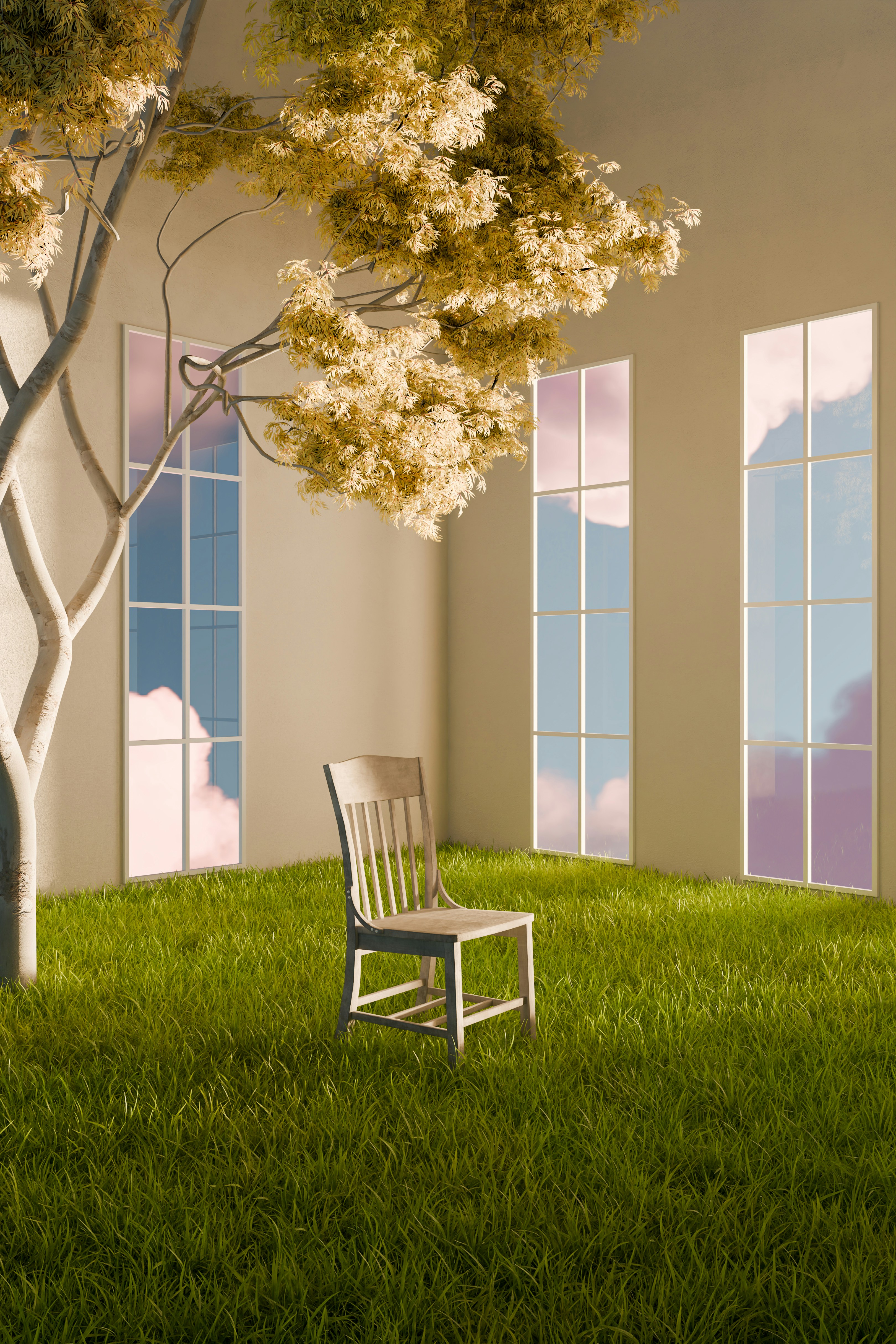 White chair on green grass, tree, and windows with sky.