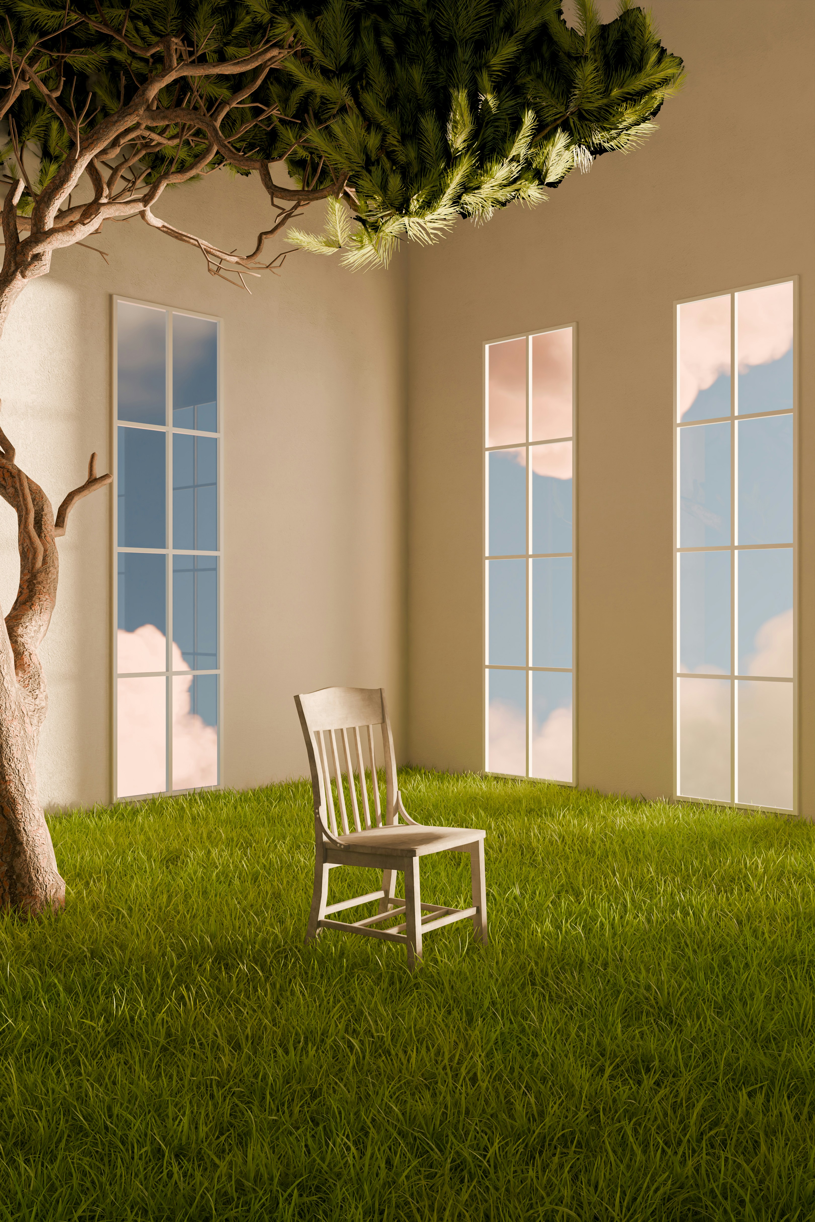 Grassy room with a chair, tree, and windows showing sky.